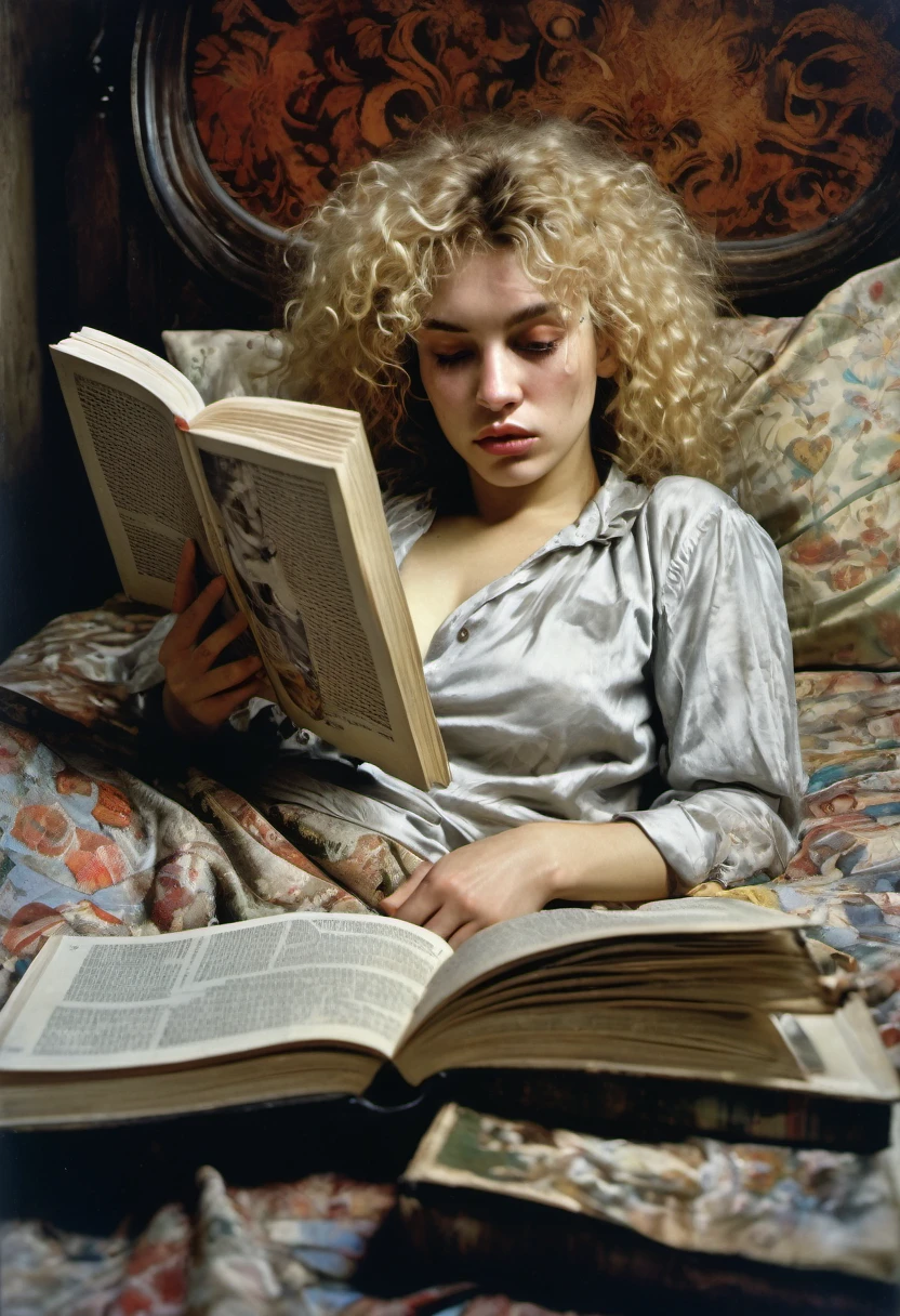 Art by ERA LEISNER, Jan Saudek and Jenny Saville ,Max Ernstrunepunk  Extrememly realistic FRONTAL CAPTURE OF WOMAN  with blonde unruly curly hair RECUMBENT ON A BED , READING A BOOK , HER FACE IS HIDDEN BY THE BOOK