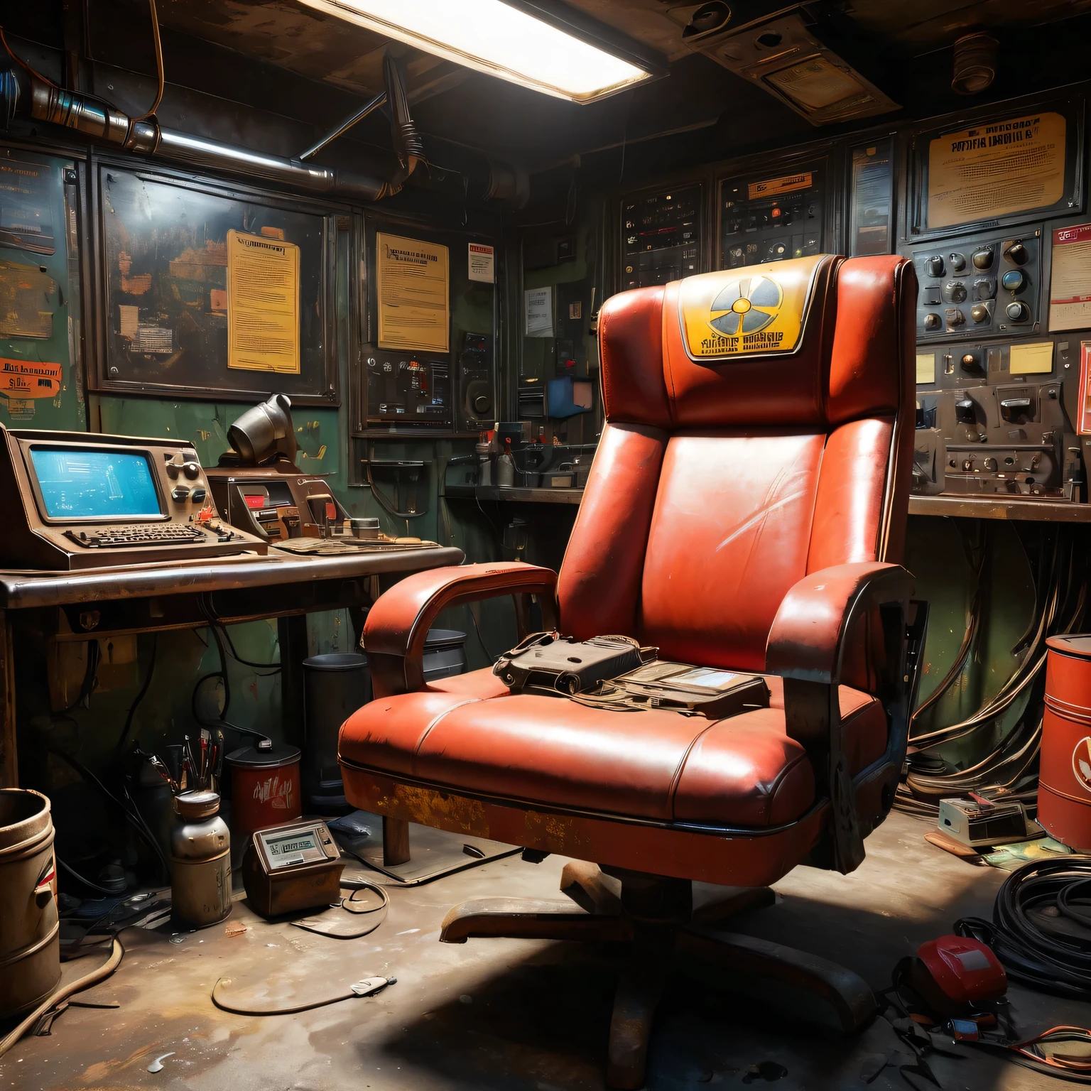 best quality, 4k, 8k, highres, masterpiece:1.2, ultra-detailed, realistic:1.37, HDR, UHD, studio lighting, ultra-fine painting, sharp focus, physically-based rendering, extreme detail description, professional, vivid colors, bokeh, portraits 《Fallout 4》Red Rocket Repair Station in the game, rusty metal walls and ceiling, flickering fluorescent lights, scattered tools and spare parts, worn workbenches covered in oil stains, a dusty workbench filled with computer circuit boards and wires, repair manuals stacked haphazardly, a radio crackling with static, a vintage motorcycle with a broken engine, a tattered flag hanging from the ceiling, a worn-out leather chair with patches and duct tape, small windows covered in grime, a sign that says "Welcome to the Repair Station", a poster of a nuclear reactor with warning signs, old coffee mugs with faded logos, graffiti on the walls depicting mutated creatures color scheme with desaturated, muted tones, giving a sense of the post-apocalyptic world soft, dim lighting from the flickering fluorescent lights, casting eerie shadows on the walls and objects