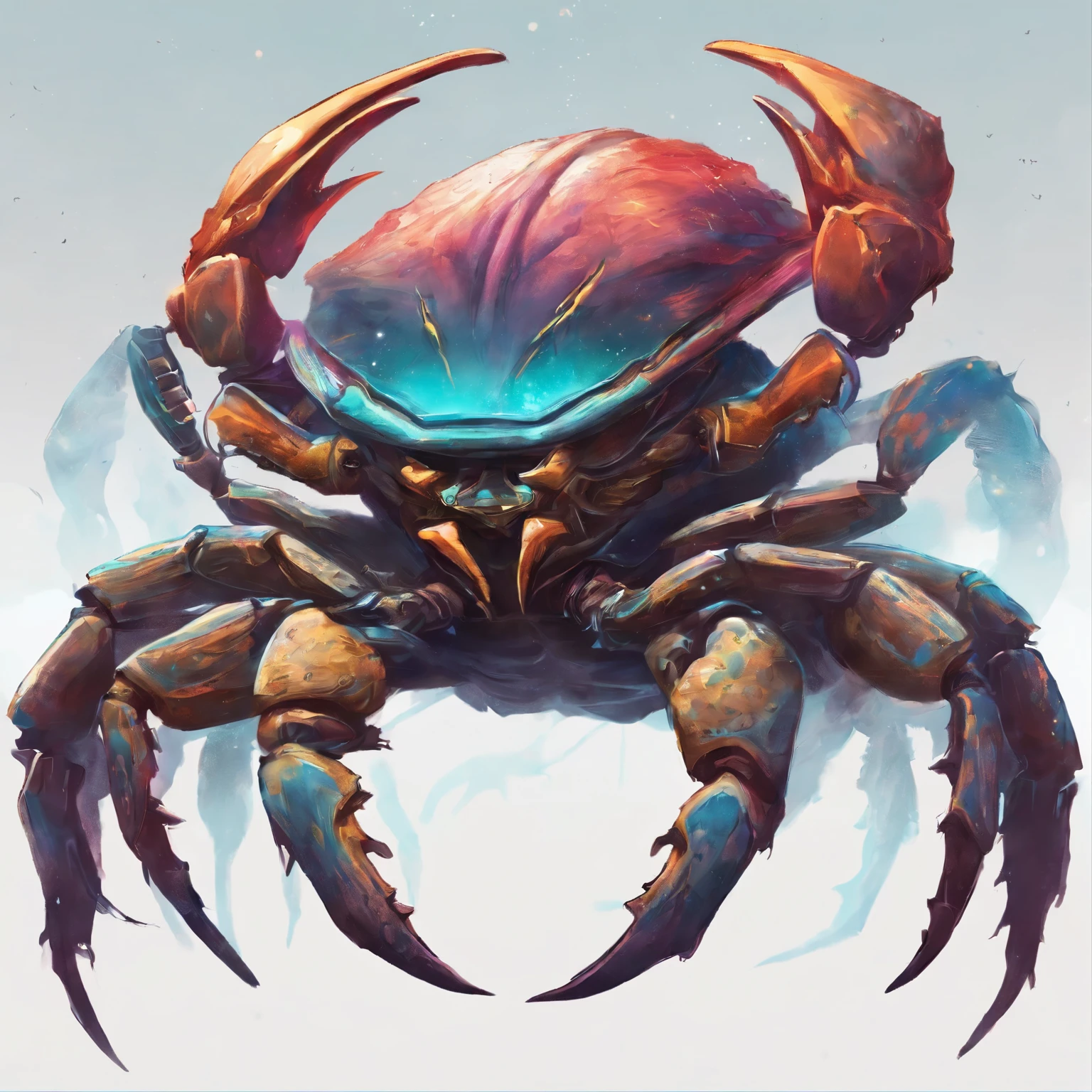 Crab Monster, Powerful, huge, Crustacean, Drifting in outer space, Theme colors are iridescent, Shaped like fiddler crab