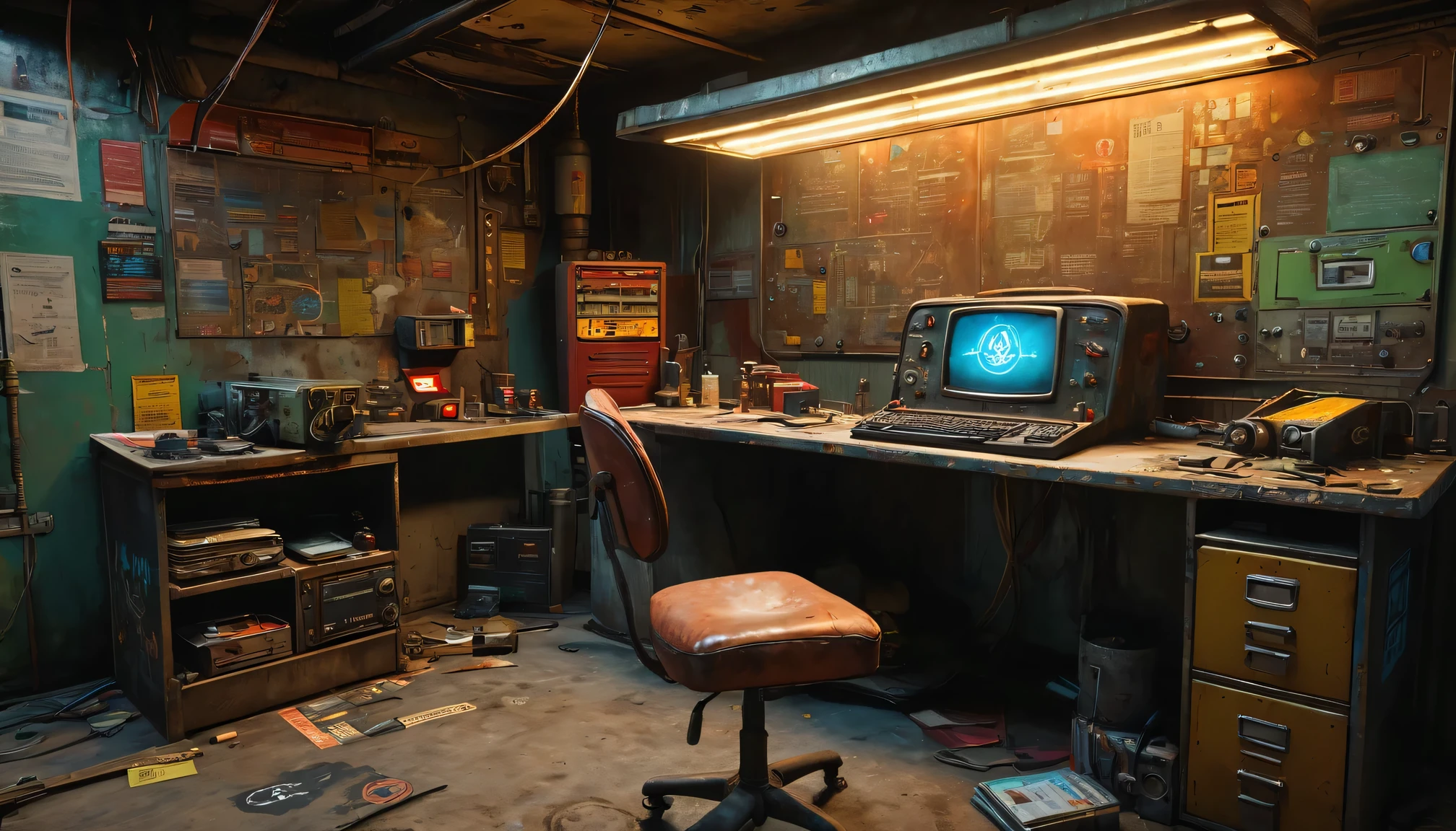best quality, 4k, 8k, highres, masterpiece:1.2, ultra-detailed, realistic:1.37, HDR, UHD, studio lighting, ultra-fine painting, sharp focus, physically-based rendering, extreme detail description, professional, vivid colors, bokeh, portraits 《Fallout 4》Red Rocket Repair Station in the game, rusty metal walls and ceiling, flickering fluorescent lights, scattered tools and spare parts, worn workbenches covered in oil stains, a dusty workbench filled with computer circuit boards and wires, repair manuals stacked haphazardly, a radio crackling with static, a vintage motorcycle with a broken engine, a tattered flag hanging from the ceiling, a worn-out leather chair with patches and duct tape, small windows covered in grime, a sign that says "Welcome to the Repair Station", a poster of a nuclear reactor with warning signs, old coffee mugs with faded logos, graffiti on the walls depicting mutated creatures color scheme with desaturated, muted tones, giving a sense of the post-apocalyptic world soft, dim lighting from the flickering fluorescent lights, casting eerie shadows on the walls and objects