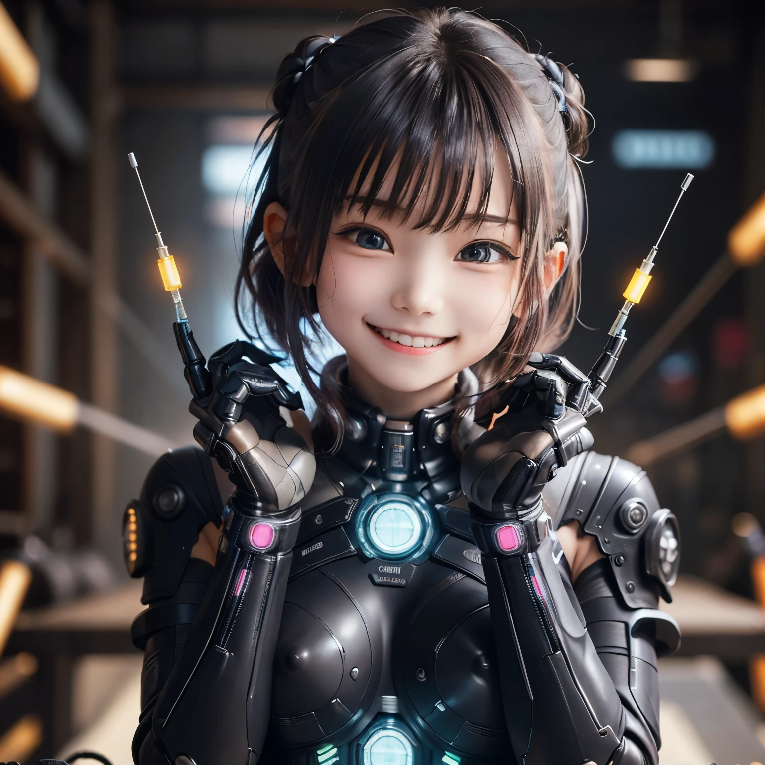 highest quality、8ｋ、(((Very cute smile)))、10 years old、Characters with cyberpunk-style mechanized body parts stand out.. The transparent skin allows you to see the circuits and cables, His eyes light up with colorful LEDs. Limbs are a mixture of flesh and metal, Equipped with advanced prosthetic limbs and cybernetic interfaces. Wearing a black leather jacket, This figure is、Set in a dystopian city filled with crumbling skyscrapers。. This image depicts the fusion of man and machine in a cyberpunk future world.。 One girl、(((More about)))、(((Nipples))),(((ジャケットの隙間からNipplesが露出))),(((Upper body naked)))