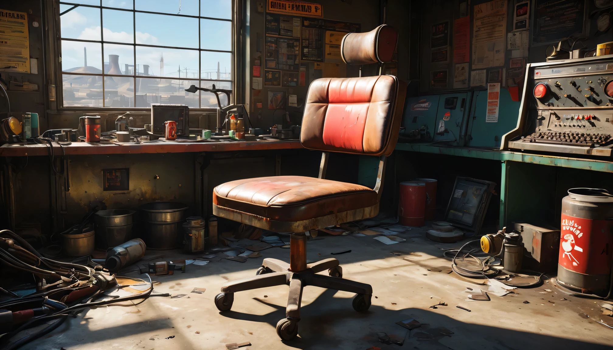 best quality, 4k, 8k, highres, masterpiece:1.2, ultra-detailed, realistic:1.37, HDR, UHD, studio lighting, ultra-fine painting, sharp focus, physically-based rendering, extreme detail description, professional, vivid colors, bokeh, portraits 《Fallout 4》Red Rocket Repair Station in the game, rusty metal walls and ceiling, flickering fluorescent lights, scattered tools and spare parts, worn workbenches covered in oil stains, a dusty workbench filled with computer circuit boards and wires, repair manuals stacked haphazardly, a radio crackling with static, a vintage motorcycle with a broken engine, a tattered flag hanging from the ceiling, a worn-out leather chair with patches and duct tape, small windows covered in grime, a sign that says "Welcome to the Repair Station", a poster of a nuclear reactor with warning signs, old coffee mugs with faded logos, graffiti on the walls depicting mutated creatures color scheme with desaturated, muted tones, giving a sense of the post-apocalyptic world soft, dim lighting from the flickering fluorescent lights, casting eerie shadows on the walls and objects