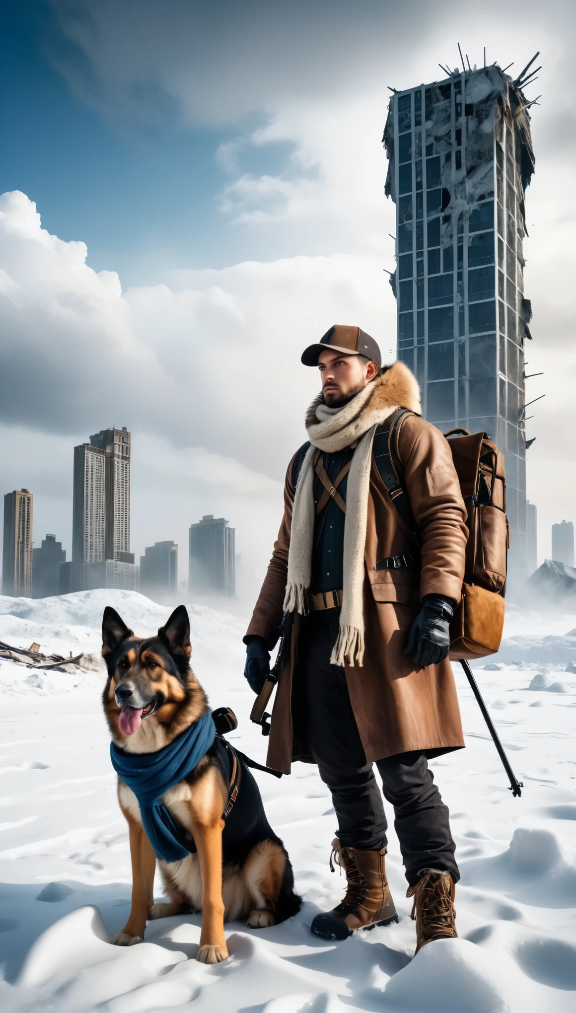A photo of a post-apocalyptic wasteland where a giant asteroid hit the earth and caused massive destruction and climate change. The photo shows a person wearing a fur coat, a hat, a scarf, and gloves. They have a backpack, a crossbow, and a big dog. They are standing on a snowy field that is littered with debris and craters. big and deep snow, They are looking at a broken skyscraper that is leaning on another building. The sky is gray and cloudy. The photo has a cold and bleak tone. Nikon d8, light shadows, raw photo, 8k, uhd, bokeh, film grain, dynamic, hdr.