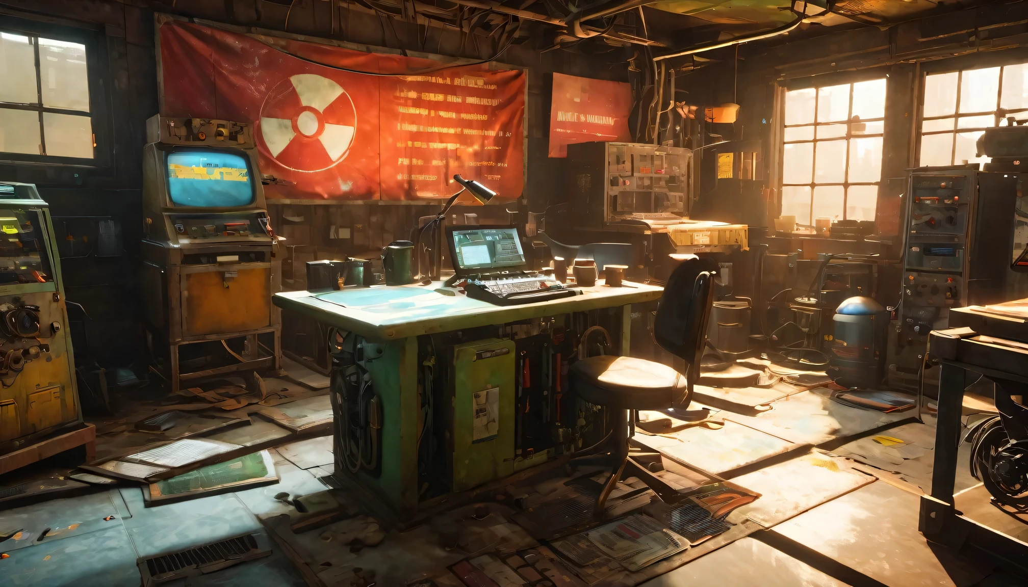 best quality, 4k, 8k, highres, masterpiece:1.2, ultra-detailed, realistic:1.37, HDR, UHD, studio lighting, ultra-fine painting, sharp focus, physically-based rendering, extreme detail description, professional, vivid colors, bokeh, portraits 《Fallout 4》Red Rocket Repair Station in the game, rusty metal walls and ceiling, flickering fluorescent lights, scattered tools and spare parts, worn workbenches covered in oil stains, a dusty workbench filled with computer circuit boards and wires, repair manuals stacked haphazardly, a radio crackling with static, a vintage motorcycle with a broken engine, a tattered flag hanging from the ceiling, a worn-out leather chair with patches and duct tape, small windows covered in grime, a sign that says "Welcome to the Repair Station", a poster of a nuclear reactor with warning signs, old coffee mugs with faded logos, graffiti on the walls depicting mutated creatures color scheme with desaturated, muted tones, giving a sense of the post-apocalyptic world soft, dim lighting from the flickering fluorescent lights, casting eerie shadows on the walls and objects