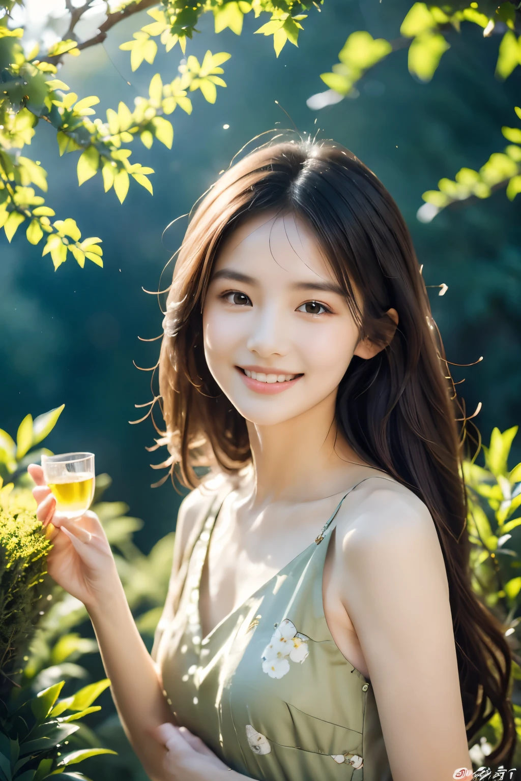 (best quality,4K,high resolution,masterpiece:1.2),Super detailed,(Practical:1.37),beautiful girl,Tea picking, Cute face, Half-length photo, Hydrated skin tone,Bright Eyes,Flowing hair,slender hands,Natural style dress,Sunlight through the leaves,Floral scent,Peaceful atmosphere,breeze,Tea leaves rustle,A calm smile,Peaceful environment,Lush green tea bushes,Delicate tea picking technique。