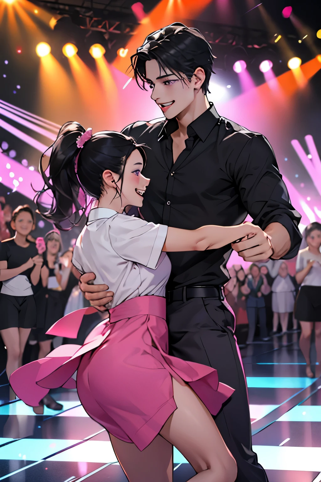 ((Best quality)), ((masterpiece)), (detailed), perfect face, a guy with black hair and purple eyes in a bright pink jacket and a black shirt stands on the dance floor among a lot of girls and smiles