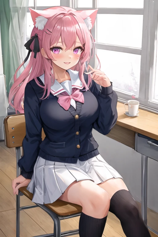 ((masterpiece)), ((Highest quality)), ((Very detailed)), One girl, Long Hair, classroom, Feet Focus, Sit on a chair, Big Breasts, plump, blazer, skirt, pantyhose, panties under pantyhose, Wicked Smile, Looking at the audience, From below, (Turn the soles of your feet to the viewer:1.3), Steaming body, Sweat, (Sweaty feet:1.2), Lift your legs