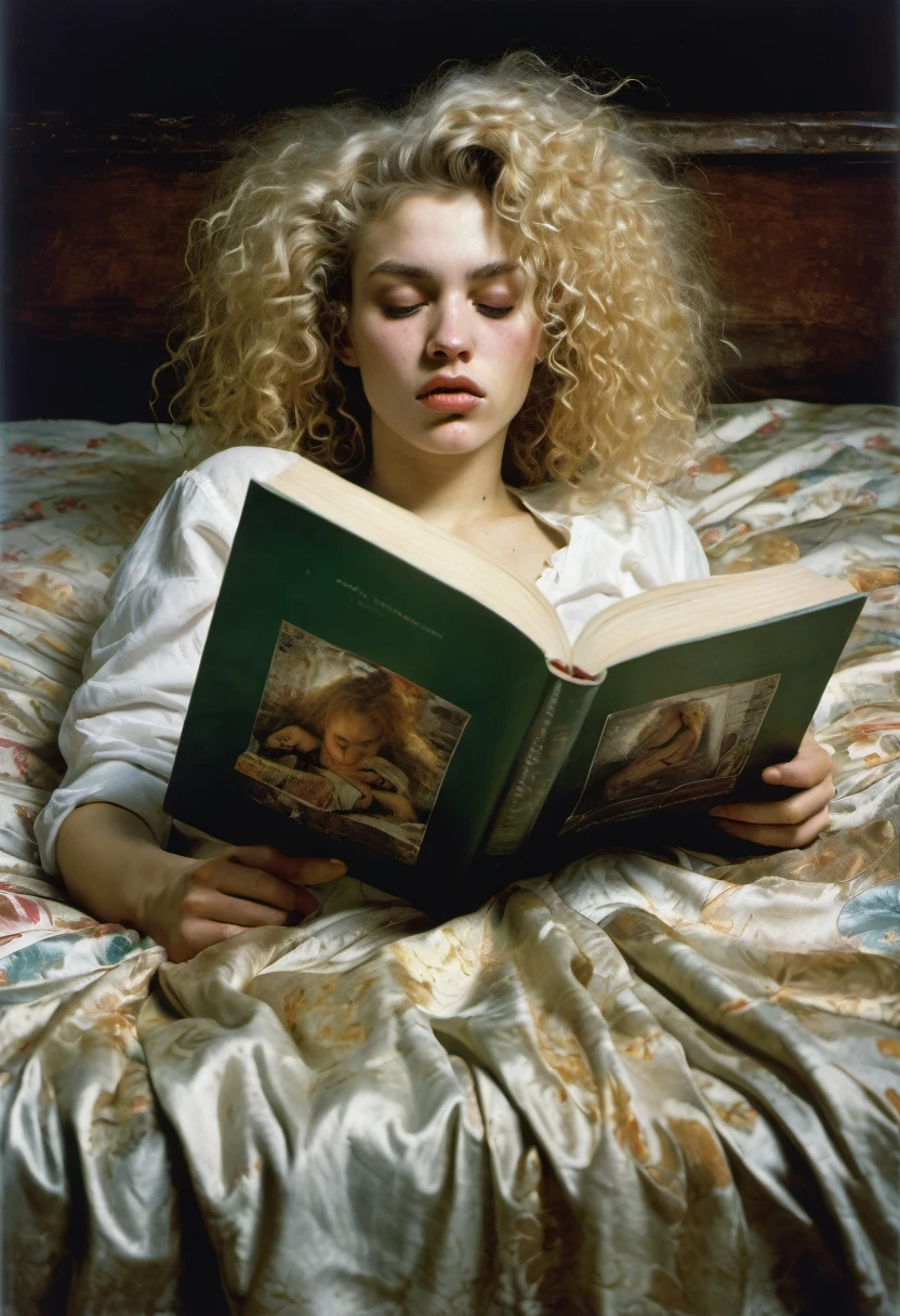 Art by ERA LEISNER, Jan Saudek and Jenny Saville ,Max Ernstrunepunk Extrememly realistic FRONTAL CAPTURE OF WOMAN with blonde unruly curly hair RECUMBENT ON A BED , READING A BOOK , HER FACE IS HIDDEN BY THE BOOK