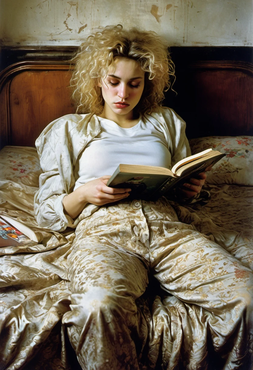 Art by ERA LEISNER, Jan Saudek and Jenny Saville ,Max Ernstrunepunk Extrememly realistic FRONTAL CAPTURE OF WOMAN with blonde unruly curly hair RECUMBENT ON A BED , READING A BOOK , HER FACE IS HIDDEN BY THE BOOK
