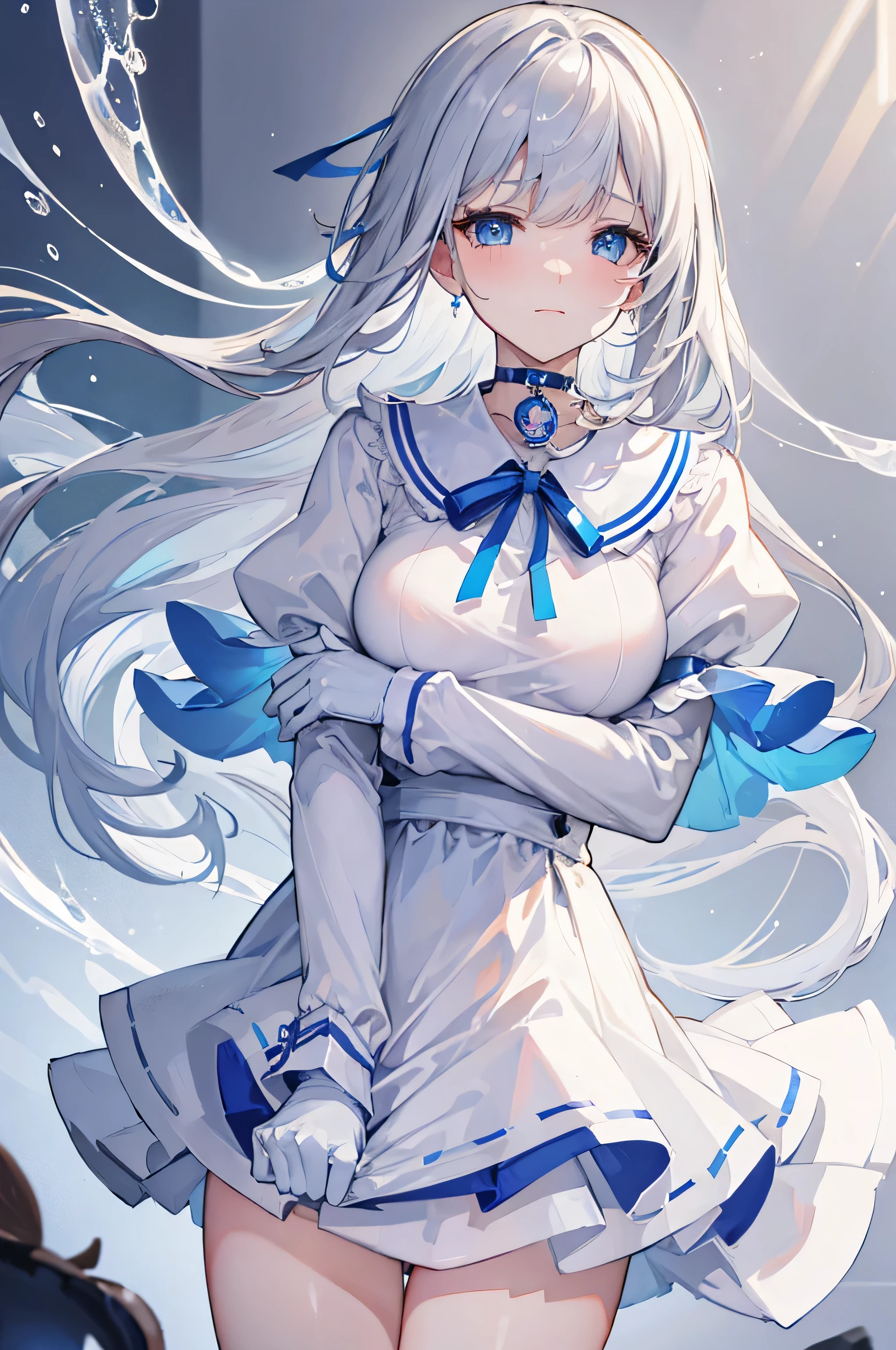 (8k, highest quality, masterpiece:1.2),(Blue colored eyes),((Garment Details)),High quality CG Unity 8k, concentrated, Realistic, Shadow, Soft lighting, Cowboy Shot, Gray Hair, Flutter Hair, nice, A gentle smile, village girl, High Waist Skirt, White Skirt, Long sleeve, ribbon, White Dress, gloves, Choker Noble Necklace, (Sexual pleasure expression:1.4), (semen overflow:1.5),whole body
