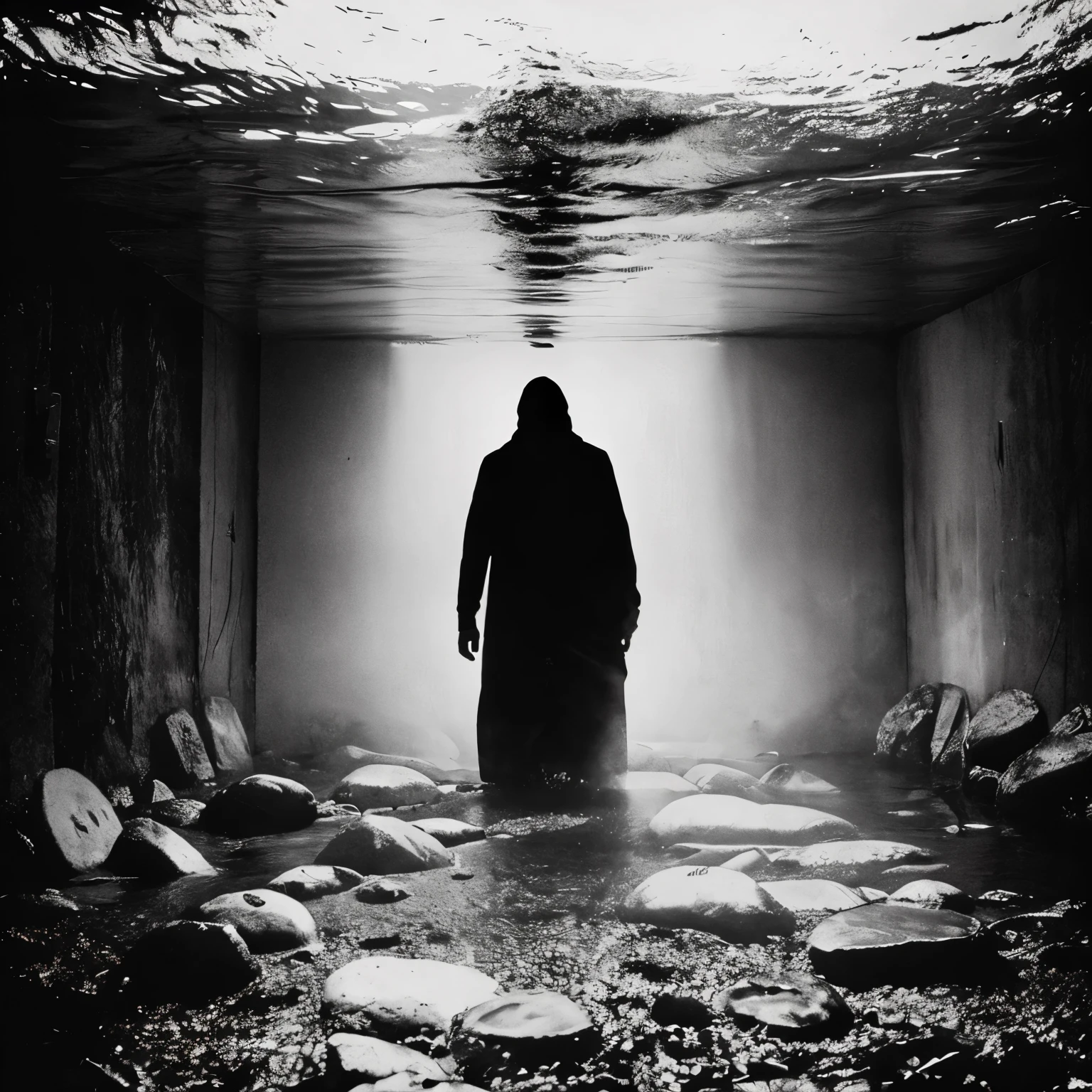 Aarav&#39;s picture of a  looking at fish in a tank., dark figure walking, claustrophobia, An eerie, unsettling space., pinhole photo : dream, Hyperliminal photography, Liminal Space Photography, claustrophobic, liminal space, eerie, scary, An eerie, eerie space., Analog photography experiments, Slow - Shutter, ghost numbers, dark atmosphere album cover