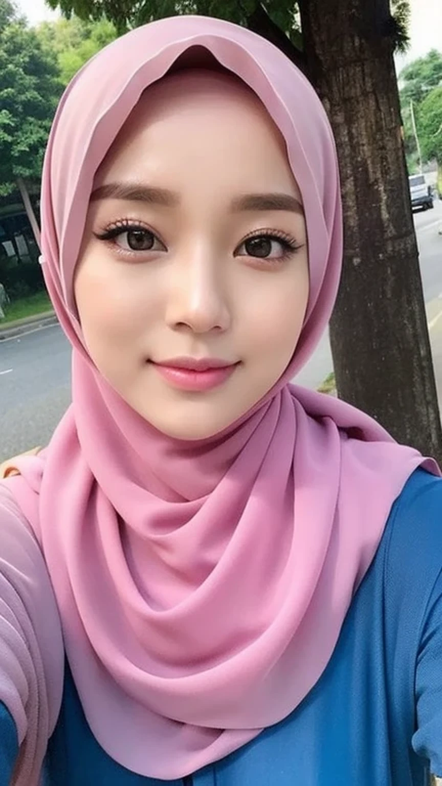 1 lady, 20 years old, best body, wearing pink hijab, hijab covers whole hair, wearing brown sweater, off shoulder, warm lighting , sitting in car, seat belt, night time, casual wear, close shot, shot from high angle, wearing big necklace, smile,