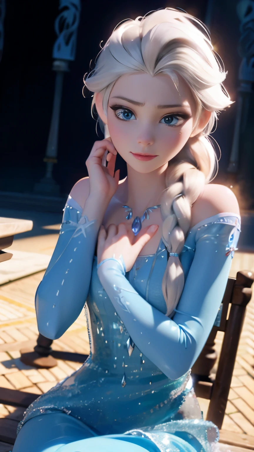 realistic, photorealistic, best quality, masterpiece, ultra high res, finely detailed, quality, realistic lighting, detailed skin, intricate details, raw photo, absurdres, highres, ultra detailed,, (detailed face, detailed eyes), sharp focus, 3d render. ((full body)), elsa of arendelle, little smile, slim body shape, blue ice dress, single braid, energic pose, (Face focus:1.3).