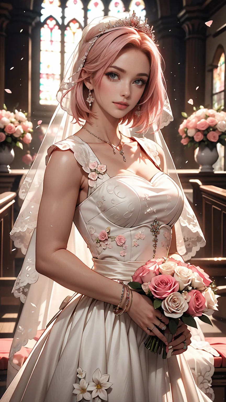 Sakura Haruno, ((alone)), alone, bride, Wearing a white wedding dress, Queen, Happy, ((Show your forehead)), Are standing, Entering the Church, Pink Hair, short hair, delicate, young, short hair, Detailed face, High resolution, ((whole body)), (Flowers around her), whole body, she is a beautiful woman getting married, High quality face, beautiful, Shine
