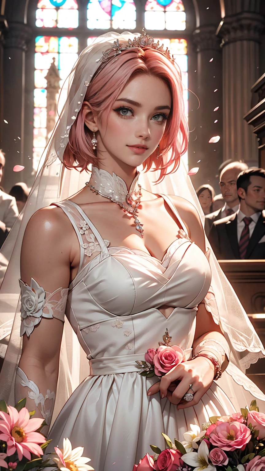 Haruno sakura, ((alone)), alone, bride, Wearing a white wedding dress, Queen, Happy, ((Show your forehead)), Are standing, Entering the Church, Pink Hair, short hair, delicate, young, short hair, Detailed face, High resolution, ((whole body)), (Flowers around her), whole body, she is a beautiful woman getting married, High quality face, beautiful, Shine