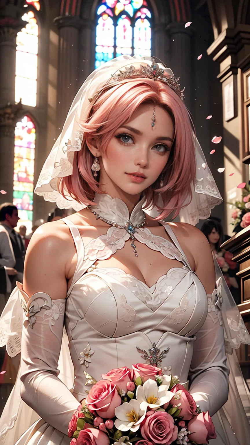 Sakura Haruno, ((alone)), alone, bride, Wearing a white wedding dress, Queen, Happy, ((Show your forehead)), Are standing, Entering the Church, Pink Hair, short hair, delicate, young, short hair, Detailed face, High resolution, ((whole body)), (Flowers around her), whole body, she is a beautiful woman getting married, High quality face, beautiful, Shine