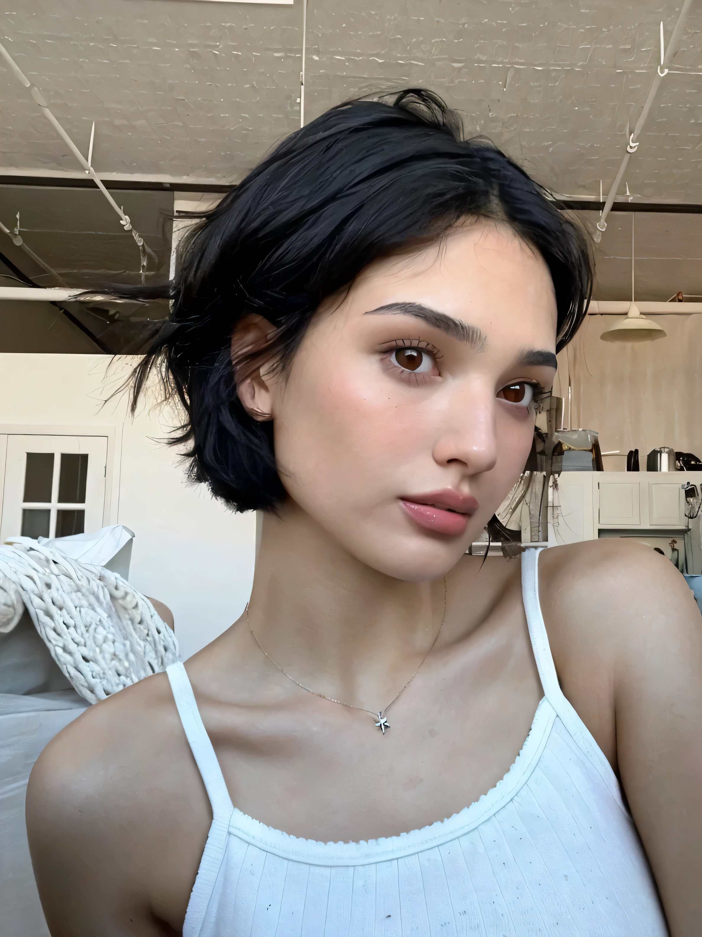 there is a woman with a white tank top and a necklace, short dark hair, natural short hair, short black hair, black bob cut hair, violet myers, short dark haircut, photo of the beauty gal gadot, messy black bob hair, black short hair, lindsay adler, black bob hair, black bob haircut, very short dark hair, kailee mandel