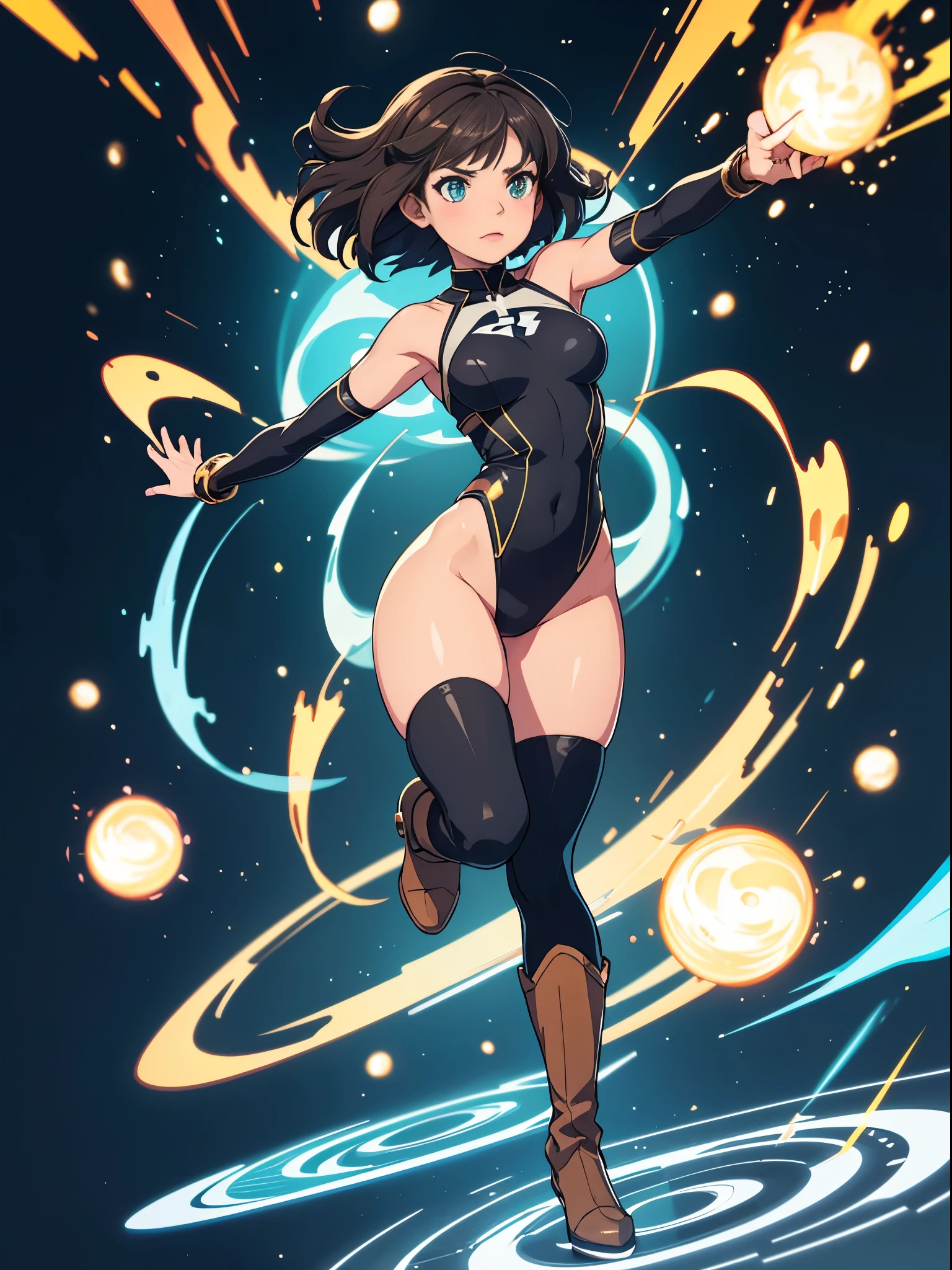 1girl, mature adult, dark-brown hair, (leotard), boots, bracelets, green eyes, solo, single, (bare legs), bob hair, short hair, solo, single, spread arms, standing, spinning like a tornado, bob hair, light particles, sparkling, super speed, spiral lines around, speed lines, her body infused with black aura, black stellar energy around, cosmic power, cosmic shining power, full body shot, cowboy shot.