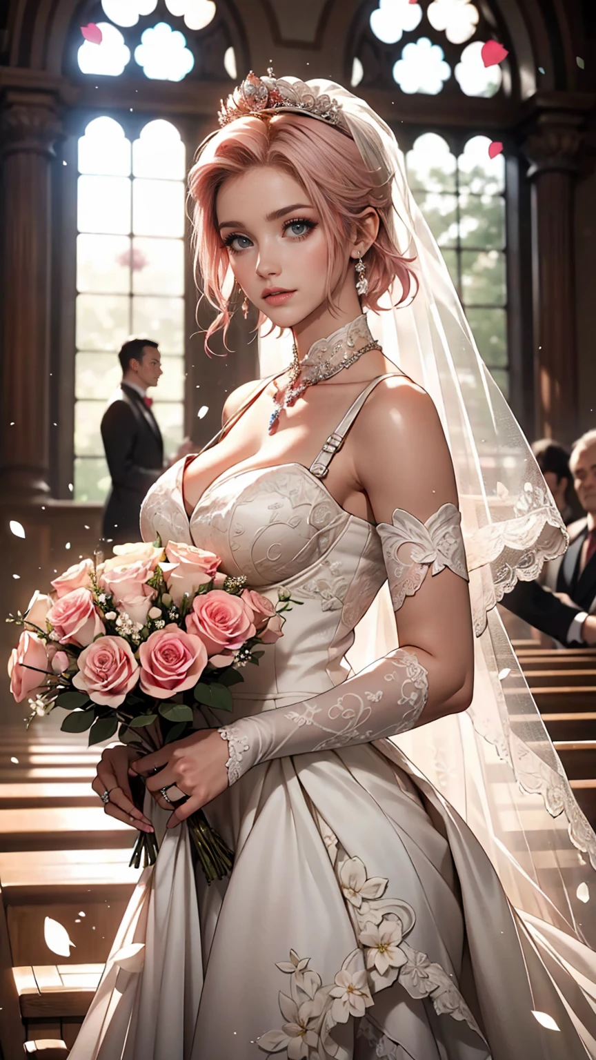 Sakura Haruno, ((alone)), alone, bride, Wearing a white wedding dress, Queen, Happy, ((Show your forehead)), Are standing, Entering the Church, Pink Hair, short hair, delicate, young, short hair, Detailed face, High resolution, ((whole body)), (Flowers around her), whole body, she is a beautiful woman getting married, High quality face, beautiful, Shine