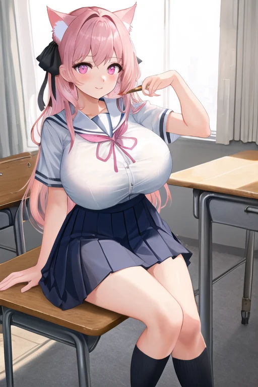 masterpiece, best quality, 1girl, (pink hair, long hair, detailed hair, cat ears, pink eyes, black hair ribbons:1.2), cute, (school uniform:1.1), classroom, sitting at desk, (big breasts:1.1)
