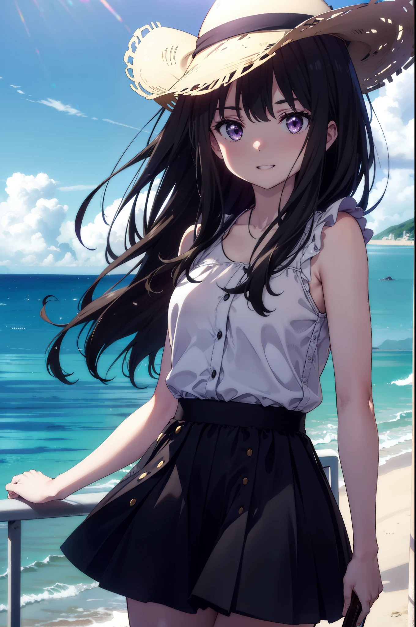 Takiuchi, Inoue Check, Long Hair, bangs, Black Hair, (Purple eyes:1.2),happy smile, smile, Open your mouth,smile,blush,Blue long skirt one-piece dress,No sleeve,Bare arms,Rocket Pendant,Cute Sandals,White hat,True Summer,Clear skies,So that the whole body goes into the illustration,
break outdoors, Coastal Road,City Street,
break looking at viewer, (Cowboy Shot:1.5),
break (masterpiece:1.2), highest quality, High resolution, unity 8k wallpaper, (figure:0.8), (Beautiful fine details:1.6), Highly detailed face, Perfect lighting, Highly detailed CG, (Perfect hands, Perfect Anatomy),
