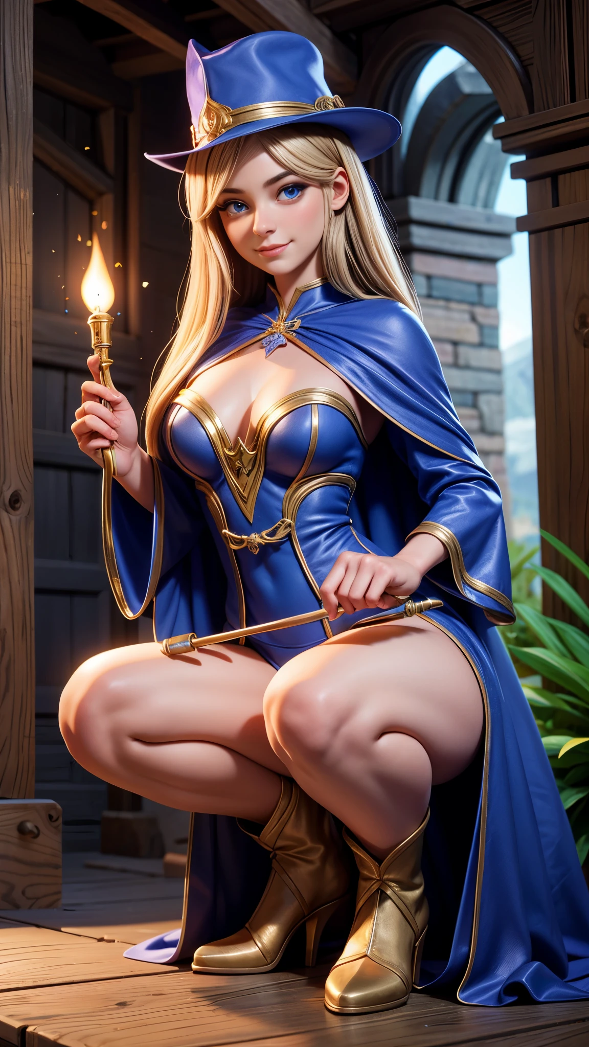 14:07:25 
(Raw photo:1.2), (Photorealistic), Beautiful detailed girl, Very detailed eyes and face, Beautiful detailed eyes, Huge file size, High resolution, Very detailed, Best Quality, [masterpiece:1.6], Illustration, Very detailed, Fine detail, Best Quality, 32K Wallpaper, in a medieval town from a fairy tale , vast blue sky, few white clouds, intricate details, beautiful young female mage, short height, medium breast, gentle smile, sexy revealing mage robe, mage pointy hat, staff, full body photo, cameltoe, sitting, legs open
