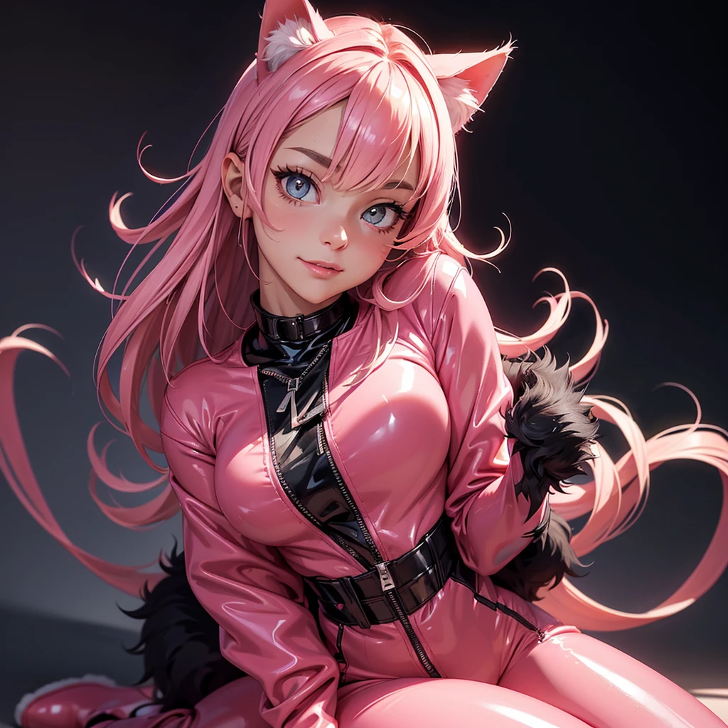 (high resolution, upper body, soft skin:1.2),(best illustration,masterpiece:1.2),ultra-detailed,[(cat ears,black fur,pink inside:1.2),vivid colors,sharp focus,portrait,studio lighting,bokeh, wearing a pink latex jumpsuit unzip to the chest, latex boots, full body portrait, smiling, kneeling, back view
