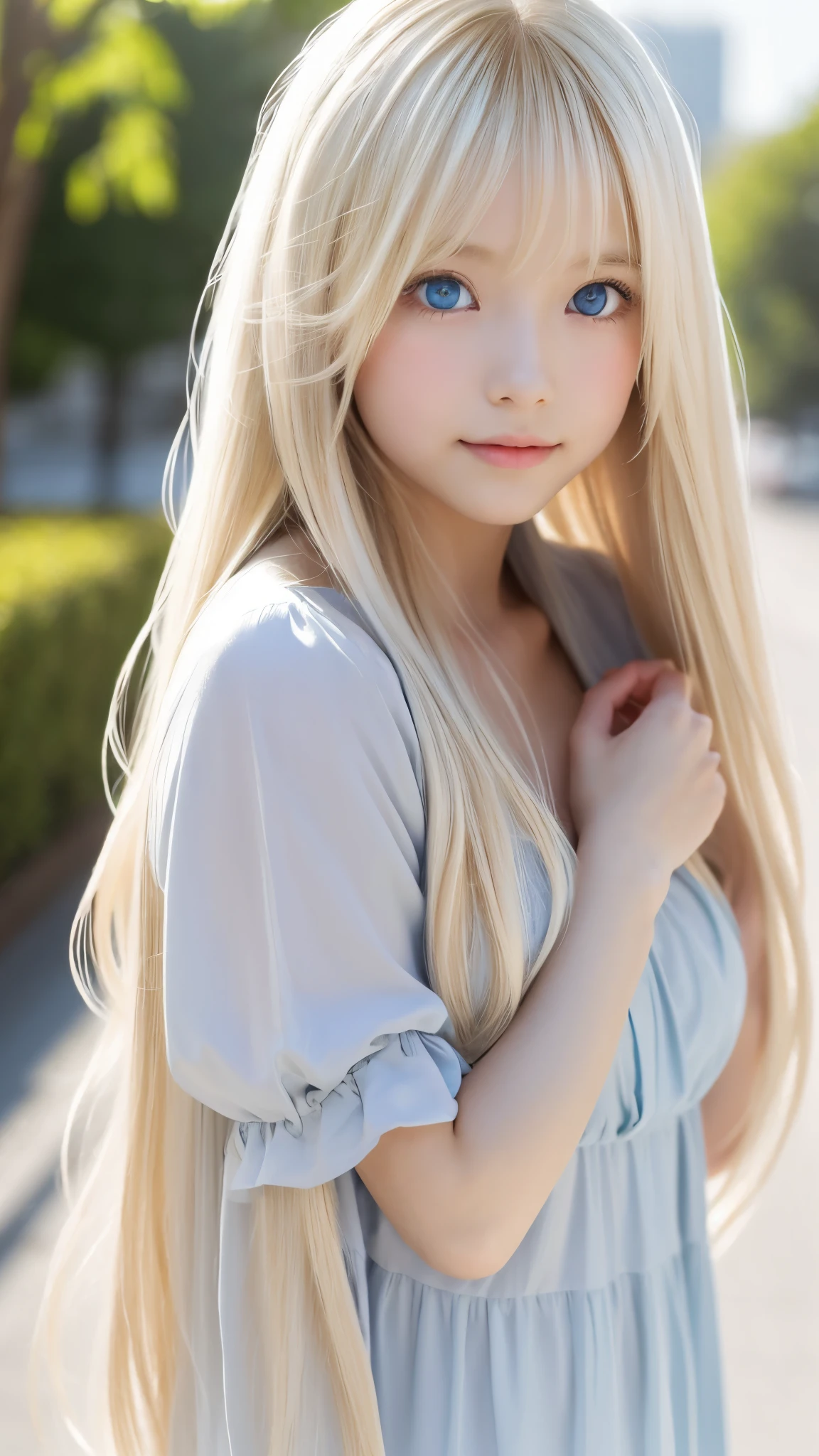 Shining, clear, white skin、Her windblown blonde hair hides her beautiful face、huge、28 years old cute sexy little beautiful face、Beautiful straight hair that stands out、growing up, Sparkling light blue eyes、long silky bangs that cover cute eyes, Sexy and cute young woman with super long hair hiding her sexy face、Super long, natural platinum blonde shiny hair