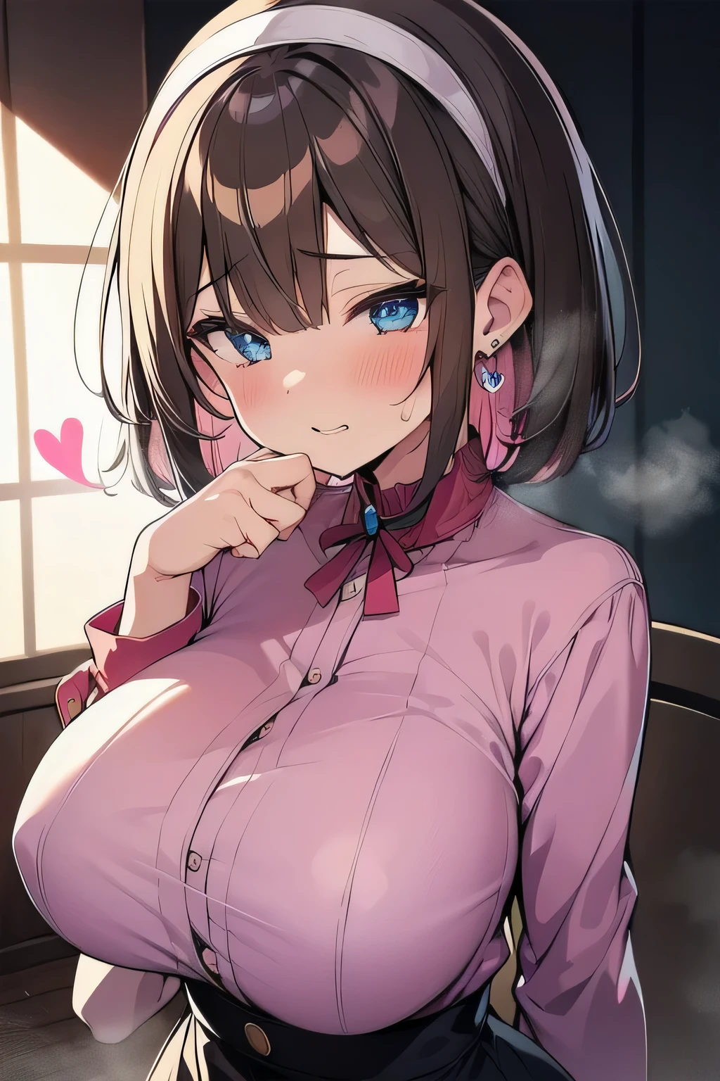 (best quality), (Super detailed), (Best Illustration), (nsfw), (1woman), (Ahegao:1.2), look at viewer, (pink shirt), (Big Breasts:1.2), {brown hair, (bob cut:1.2), curly hair, hairs between eyes}, {(detailed eyes), heart-shaped pupils, blue eyes}, sweat, steam, girl trembling with sexual climax,earrings, white hairband