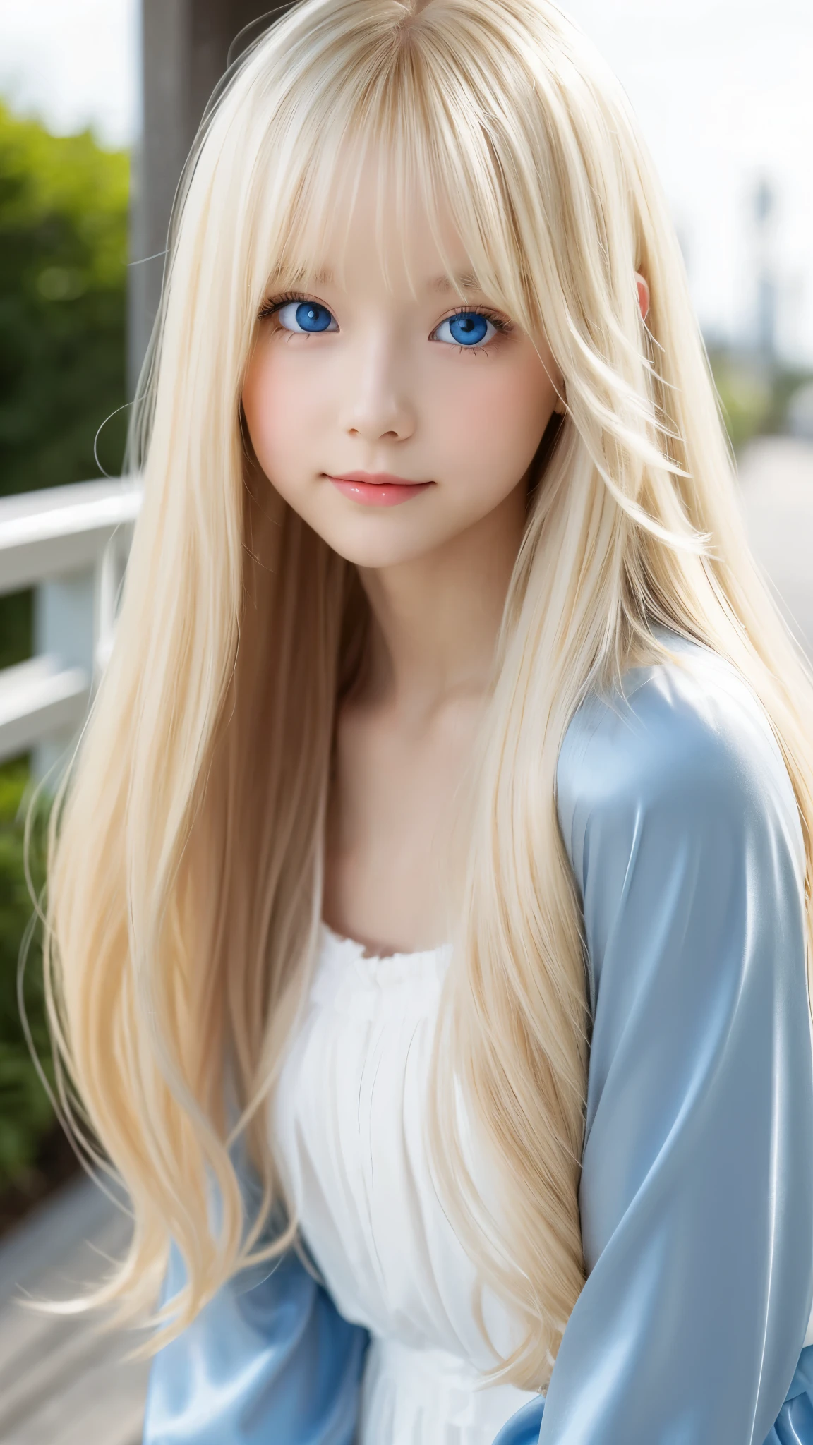 Shining, clear, white skin、Her windblown blonde hair hides her beautiful face、huge、28 years old cute sexy little beautiful face、Beautiful straight hair that stands out、growing up, Sparkling light blue eyes、long silky bangs that cover cute eyes, Sexy and cute young woman with super long hair hiding her sexy face、Super long, natural platinum blonde shiny hair