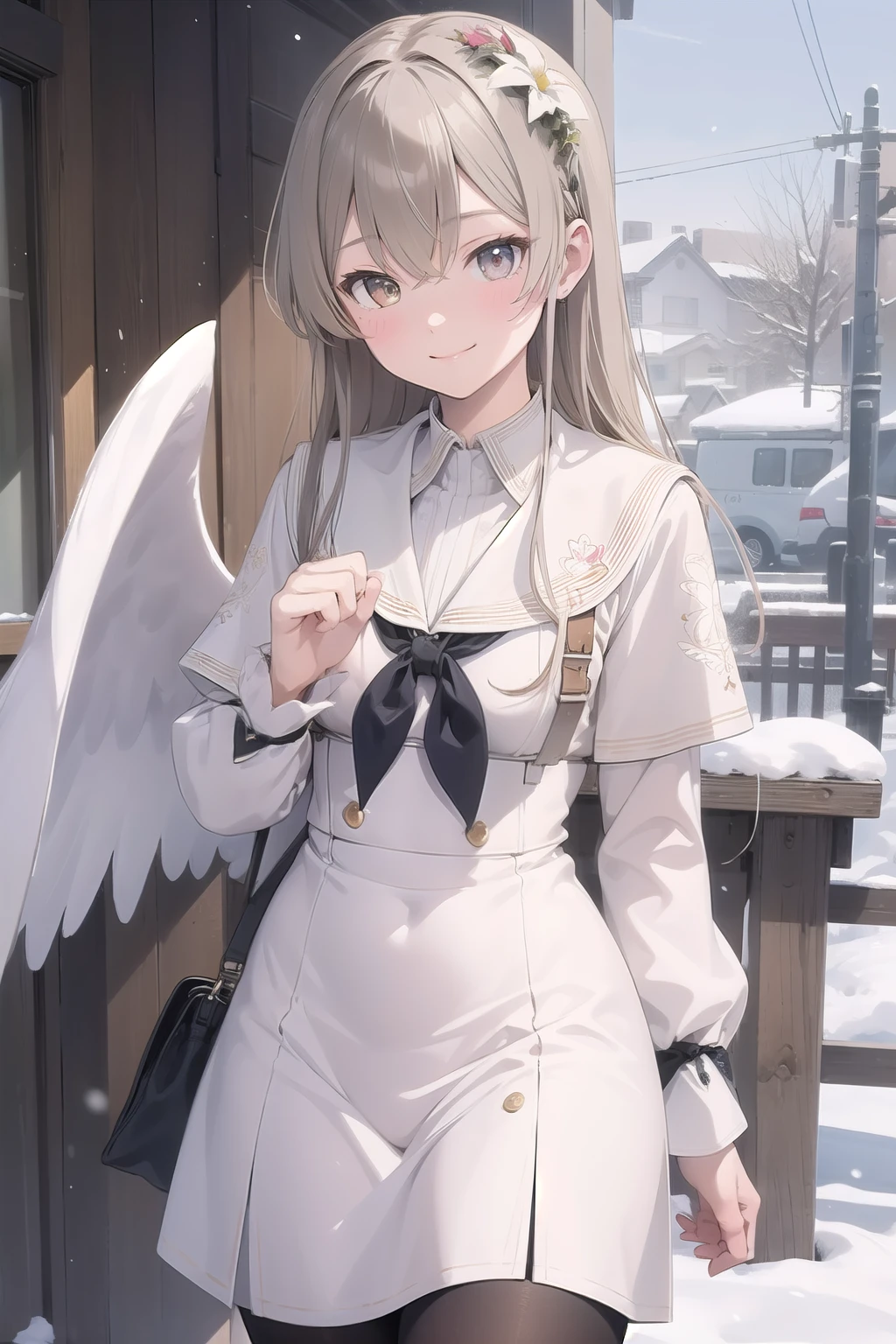 (masterpiece:1.3), (Absurd:1.3), (highest quality:1.3), (Very detailed:1.3), snow, Outdoor, Upper Body, wave hands, smile, One girl, Nagisa fi, Hello, White Wings, Long sleeve, White Dress, Sailor collar, Capelet, White Skirt, Black Pantyhose,nude,sex