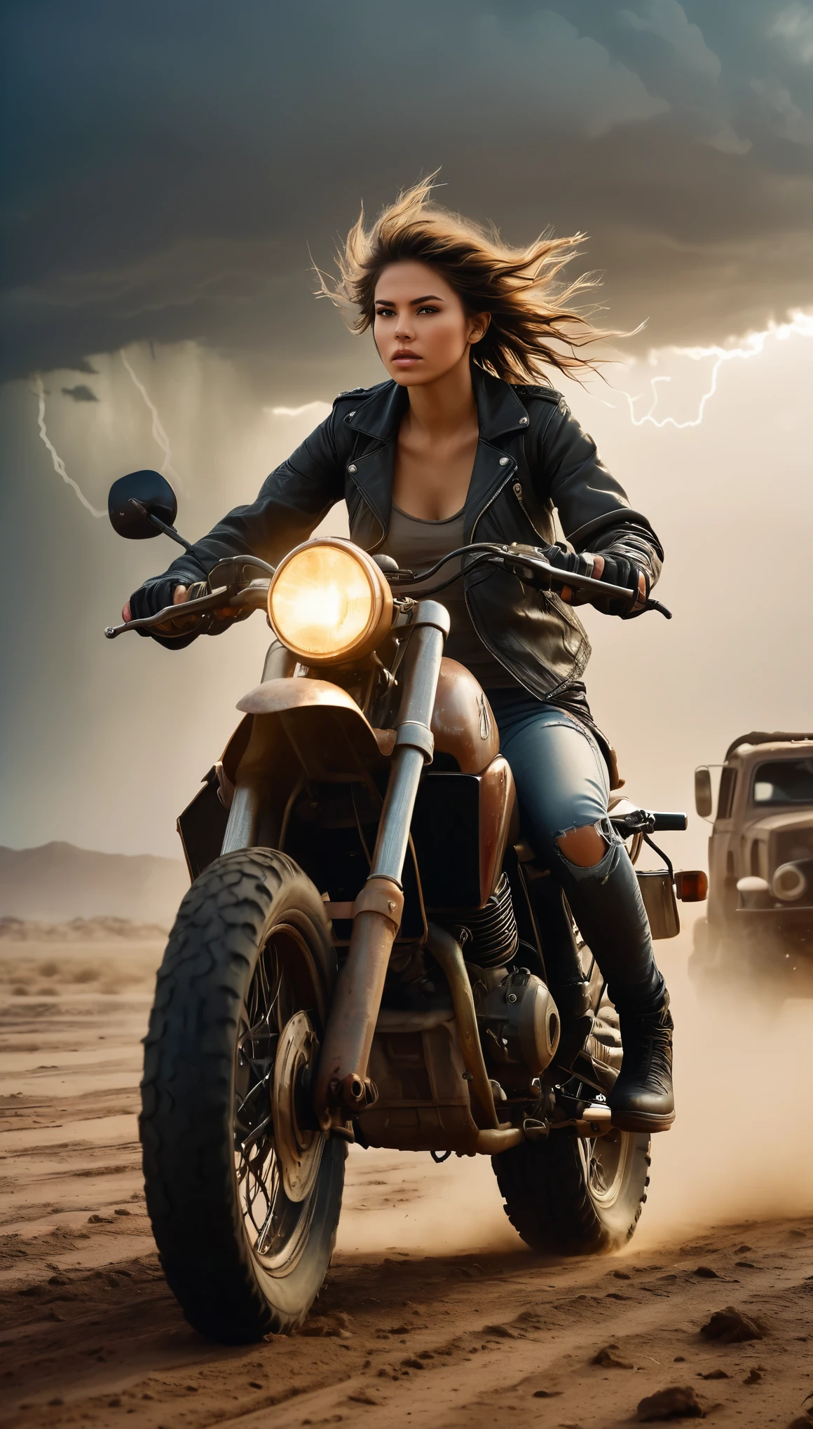 A photorealistic photo of a post-apocalyptic wasteland. A woman rides a motorcycle fast. She is dressed modern but in old, worn and damaged clothes. The motorcycle is of the ADV type, damaged and repaired from possible available parts. It has extra tube guards. A woman flees a massive sandstorm. Huge flashes of lightning can be seen in the storm in the distance. The photo has beautiful lighting, best quality, realistic, full body, real picture, intricate details, depth of field, 1girl, Fujifilm XT3, outdoors, day, cloudy, RAW photo, 8k uhd, film grain, and bokeh effects. 