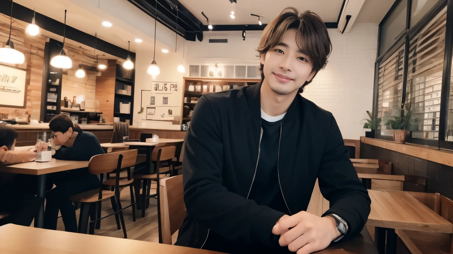 musician、Refreshingly handsome man in his 40s、(Super cool S-class boys)、Japanese male, 40 years old、、Photographed inside the cafe、a handsome guy、(CG Unity 8K high resolution photo)、(Very detailedSクラスのa handsome guy性)、(Photorealistic)、(highest quality))、Very detailed、super high quality、expensive、Audience、kind person、Very beautiful hair Perm Hair、Bright photo、Handsome like a model、Handsome like an idol、looking at the camera、Inside a stylish cafe、Stubble