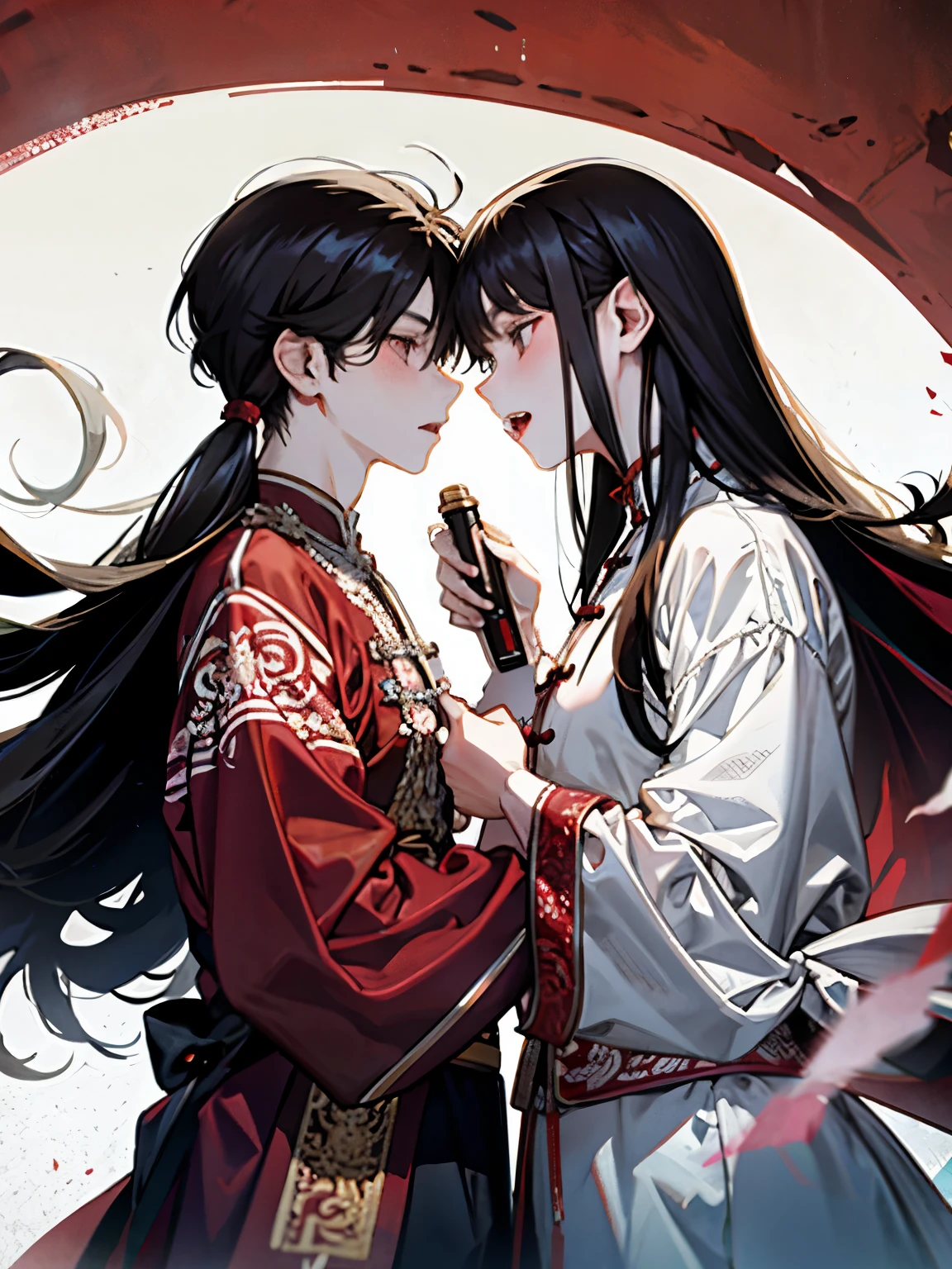 White and red clothes,(Two boys around 18 years old:1.5),Ancient Chinese style war god clothing,They are staring at each other,(kiss),(long hair:1.5)