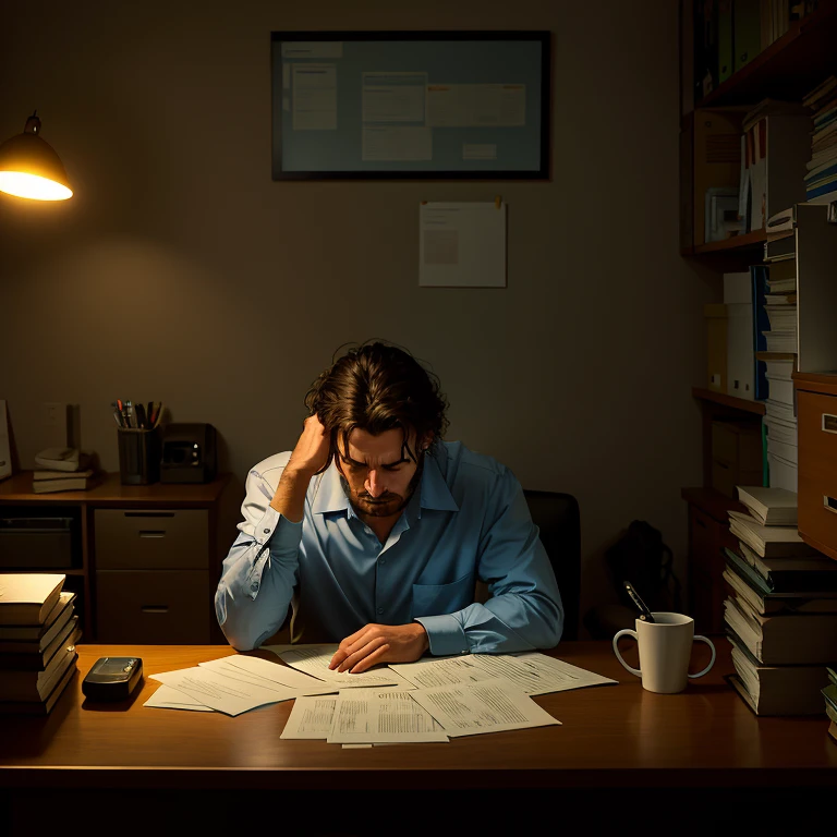 Visualize a scene of an overwhelmed office worker in their chaotic workspace, cluttered with an overflowing desk covered in a disarray of papers, reports, and various office supplies. The worker, slumped in their chair, rests their head on one hand, reflecting both exhaustion and despair. The computer screen illuminates the room, reflecting an endless array of unread emails. A solitary desk lamp, casting long, dramatic shadows, underscores the late hour. A cold, forgotten mug of coffee sits neglected, a symbol of the countless hours spent laboring on. Amidst the chaos, the worker's determined expression shines through, a beacon of their unyielding res