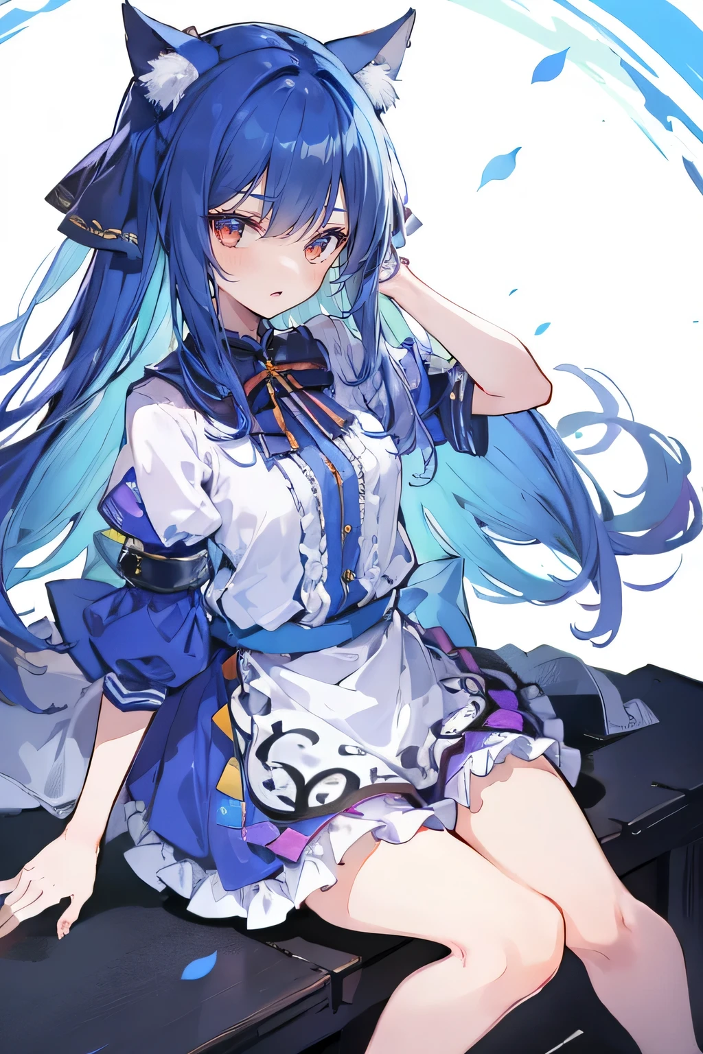 (masterpiece:1.2),ultra-detailed,realistic,expressive eyes,fair-skinned,perfectly shaped face,1girl,
Japanese cartoons,Gorgeous blue hair, flowing blue hair,floating clothes,cat ears,petals falling,beautiful Lola,Hina Angel,
hands on waist,gracefully sitting on the ground,legs crossed,gentle and serene background,cool and comfortable pavilion.