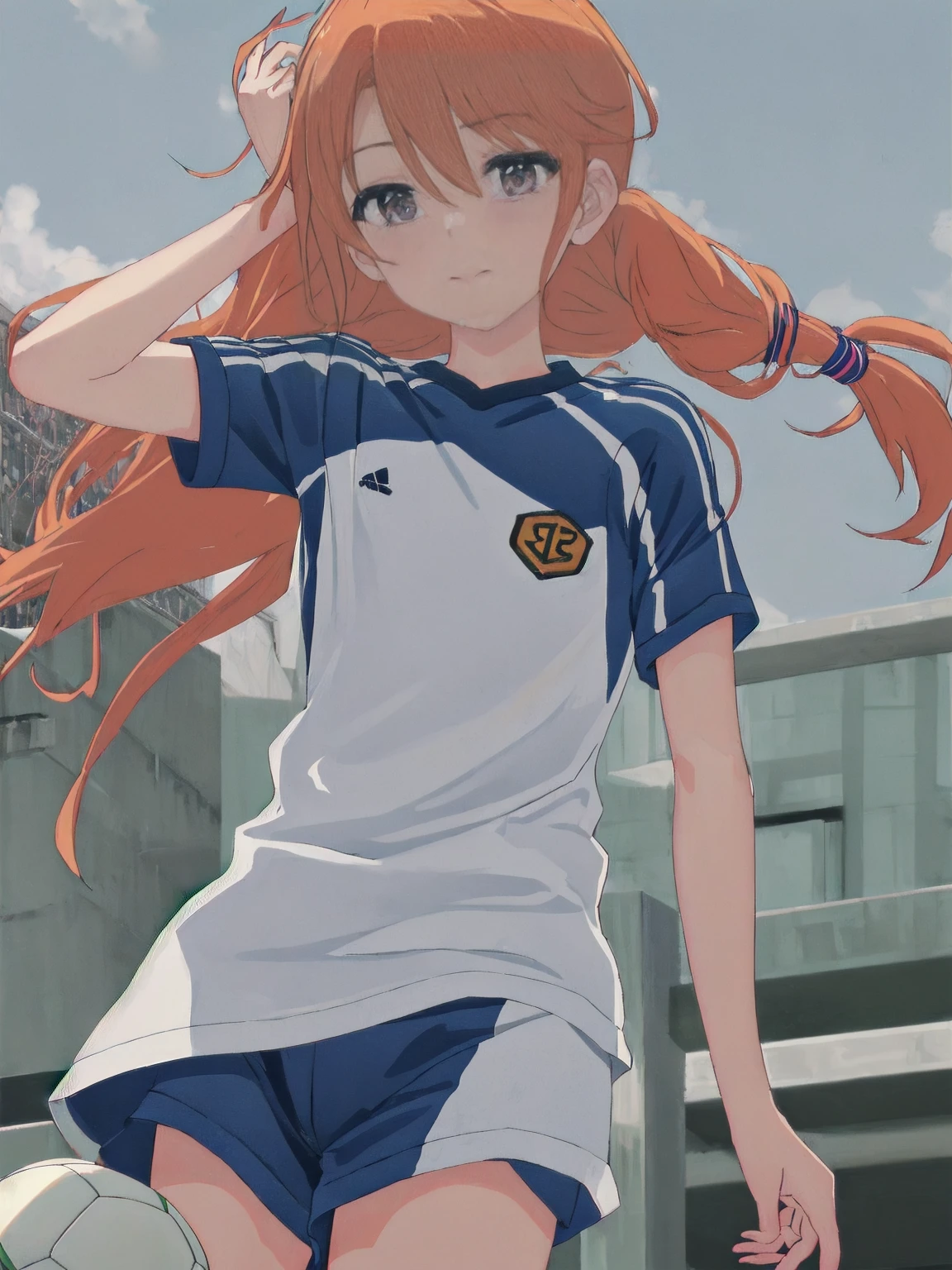 best quality, masterpiece, highres, solo, {yuki_haru_theidolmastercinderellagirlsu149:1.15}, orange_hair, purple_eyes, long_hair, bangs, upper_body, blonde_hair, hair_between_eyes, 1girl, closed_mouth, outdoors, shirt, sportswear, blue_shirt, short_sleeves, soccer_uniform