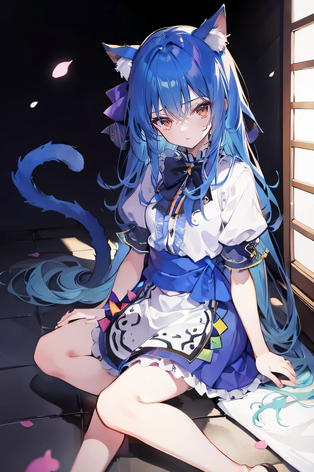 (masterpiece:1.2),ultra-detailed,realistic,expressive eyes,fair-skinned,perfectly shaped face,1girl,
Japanese cartoons,Gorgeous blue hair, flowing blue hair,floating clothes,cat ears,petals falling,beautiful Lola,Hina Angel,
hands on waist,gracefully sitting on the ground,legs crossed,gentle and serene background,cool and comfortable pavilion.