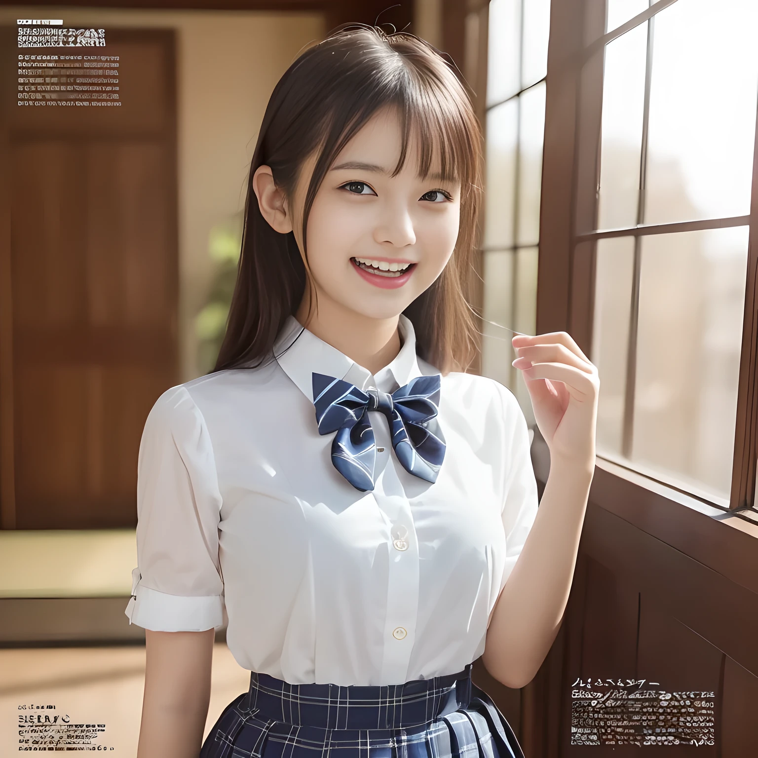 (highest quality、masterpiece:1.2)、highest quality、Realistic、photograph、High resolution、1080p、8K、Fair skin, especially face, Physical Rendering、((Height: 155cm)), one Japanese girl、((((((Siren, a 16-year-old beautiful Japanese magazine fashion model, is watching the viewer.)))))), school summer uniform, (((big very detailed beautiful dark brown eyes))), ((((impressive plain navy large school ribbon bow tie in plain)))), ((((black very beautiful and very very long straight straight hair)))), ((((A light gray box-pleated box-pleated skirt)))), ((A yellow ivory colored blouse with puffed short sleeves and frills)), (((((((laughing cutely and looking at me!))))))), detailed fingers, (((curled bangs))), ((Very large and cute eyes, carefully drawn with great attention to detail)), double eyelids, (((long eyelashes))), ((cute lovely lovely laughing laughing cheeks)), ((Pure white light hits her face from above and in the front, making her skin and eyes shine beautifully.)), ((Strong light hits the nose and cheeks、It brings out the richness of the expression.)), ((The skirt is very cute)), (((((Her facial features are very expressive lovely smile, very very cute, very very intelligent.))))), (((Shooting from the side))), ((Luxury palace staircase)), (( Beautiful teeth alignment))