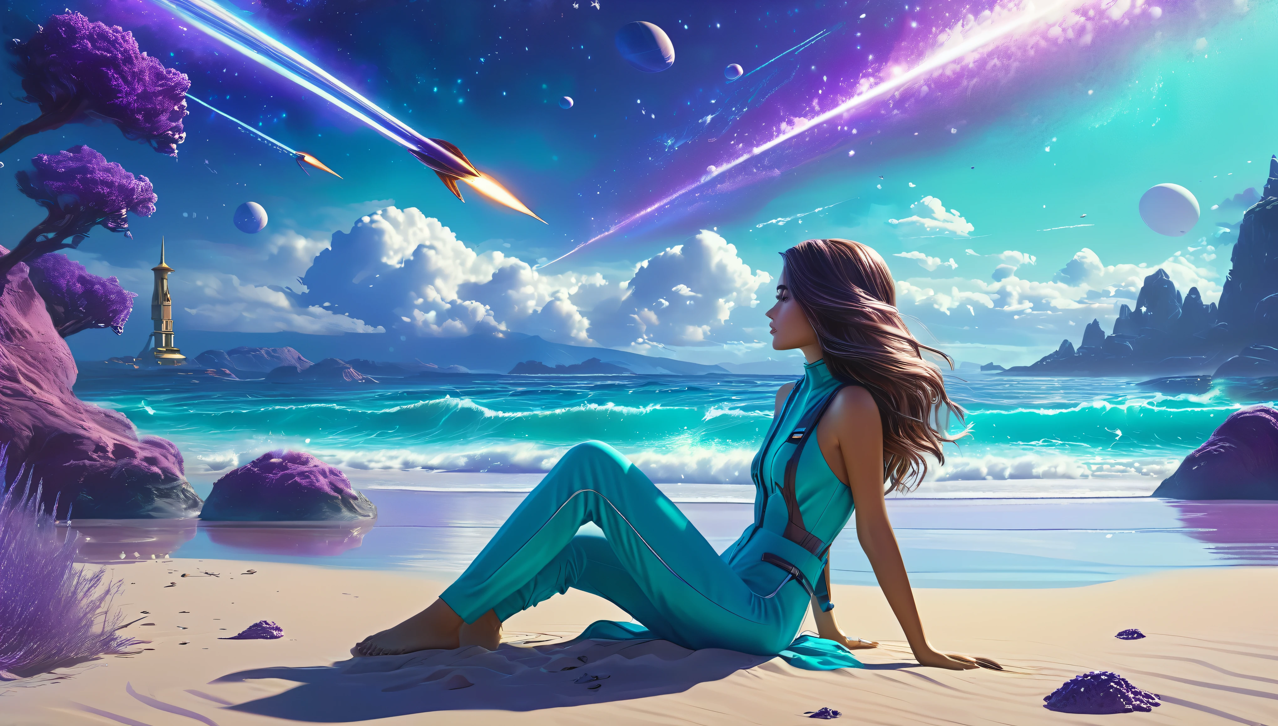 masterpiece, sea on an alien planet, fantastic sky of purple shades, comet crosses the sky, The turquoise sea washes the white sand beach, a beautiful brown-haired girl in a sci-fi space blue jumpsuit sits on the seashore and dreamily looks into the distance, Shells, rocket on the shore, ultra realistic art, detailing, depth of light and shadow, work Grega Rutkowski, in Artstation trends, 16 k