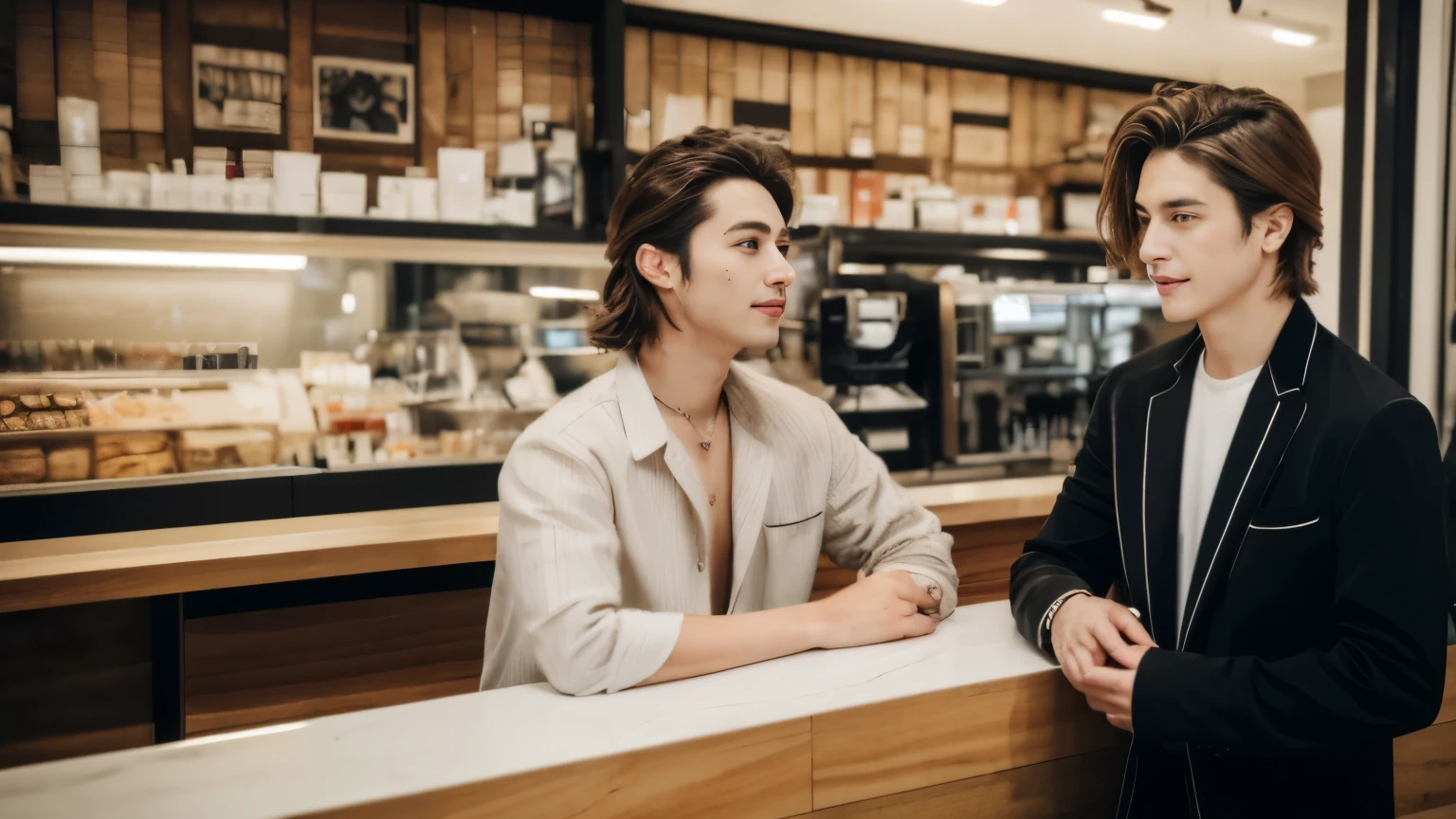 super high quality, The staff is working at the counter in the back., (8k、RAW Photos、highest quality、masterpiece:1.2), brown hair, Stylish café, Fashion magazine shooting, (Realistic、Photorealistic:1.37), Beautiful Face , Mesh Hair, Urban Cafe, Golden Ratio, musician, Spring Clothes, Handsome S-class boys, Super cool S-class boys, Muscular, Handsome guy, Loose Palmer, wild, Beautiful hairstyle, 30 years old, Dandy, Business Casual,