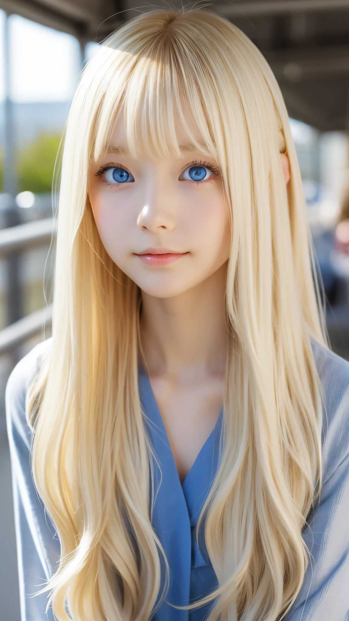 Shining, clear, white skin、Her windblown blonde hair hides her beautiful face、huge、28 years old cute sexy little beautiful face、Beautiful straight hair that stands out、growing up, Sparkling light blue eyes、long silky bangs that cover cute eyes, Sexy and cute young woman with super long hair hiding her sexy face、Super long, natural platinum blonde shiny hair