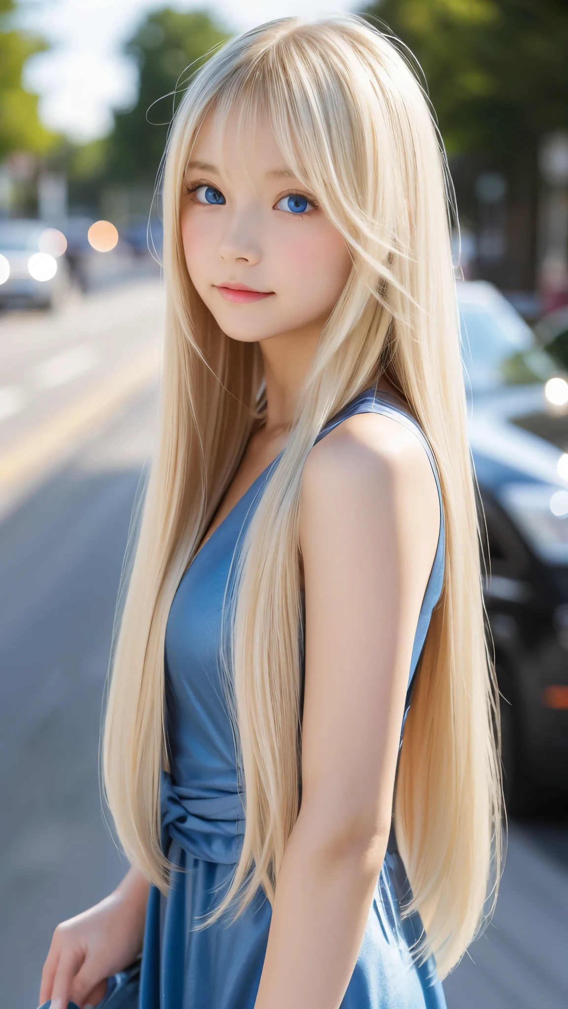 Shining, clear, white skin、Her windblown blonde hair hides her beautiful face、huge、28 years old cute sexy little beautiful face、Beautiful straight hair that stands out、growing up, Sparkling light blue eyes、long silky bangs that cover cute eyes, Sexy and cute young woman with super long hair hiding her sexy face、Super long, natural platinum blonde shiny hair