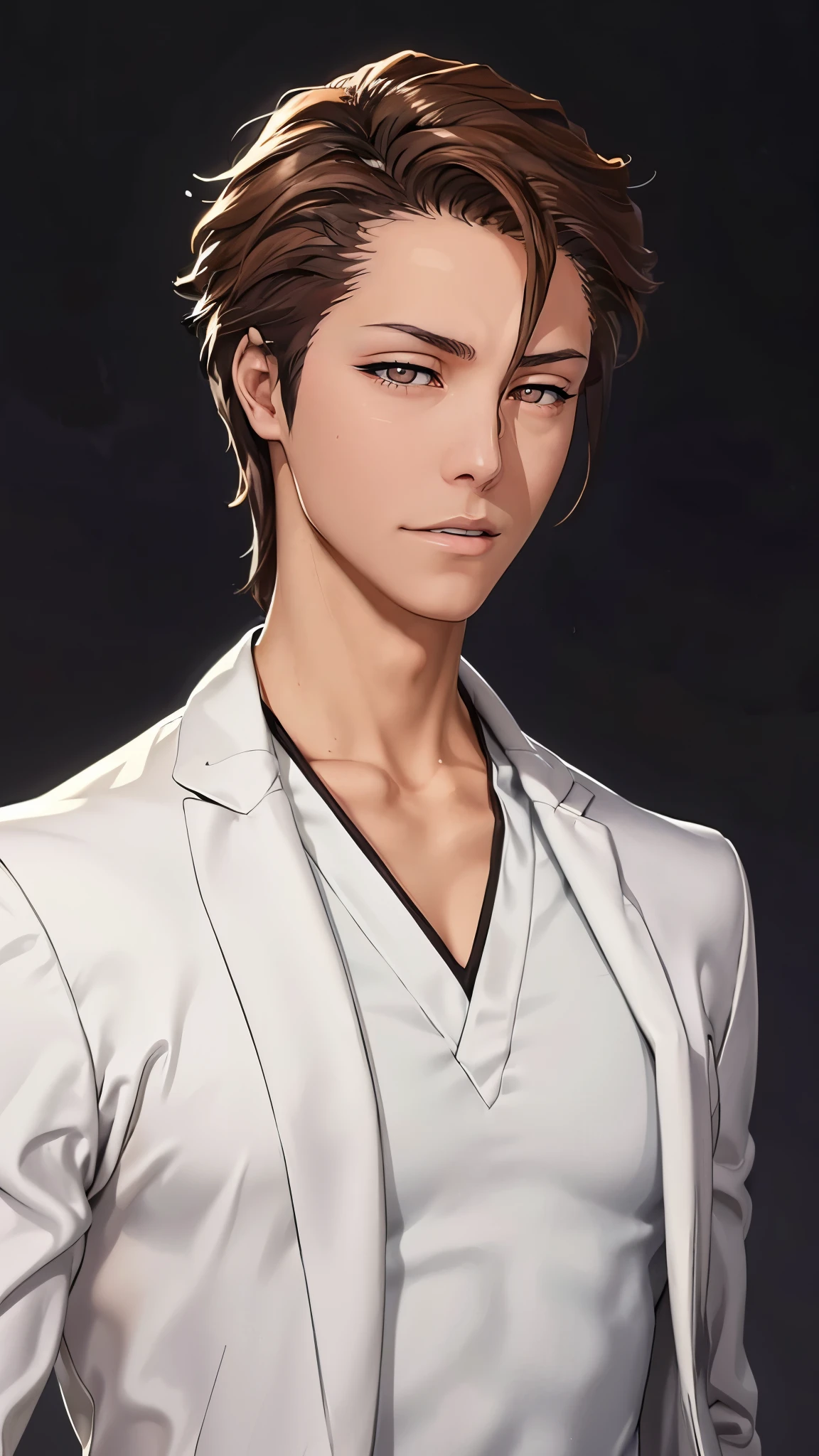 （（（完美figure，figure，man，solo，（（（White clothes，white coat，）））， （（（Aizen，Brown short hair, brown pupils,））），((masterpiece)),high resolution, ((Best quality at best))，masterpiece，quality，Best quality，（（（ Exquisite facial features，Looking at the audience,There is light in the eyes，(（（lol，confidence））)，））），型figure:1.7））），（（（Light and shadow，））），（（（Looking at the camera，black background，）））