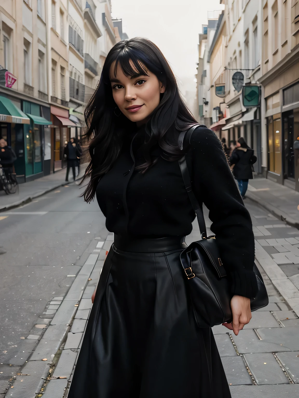 proFessional portrait photograph oF a gorgeous Smiling Bettie page girl in winter clothing with long wavy Black hair, black long maxi-skirt(black long maxi-skirt:1.2),sultry Flirty look, gorgeous symmetrical Face, joli maquillage naturel, wearing elegant warm winter Fashion clothing, black leather gloves, ((debout dehors dans une rue enneigée de la ville)), bag on her shoulders,superbe environnement urbain moderne, ultra realistic, art conceptuel, elegant, Very detailed, complexe, sharp Focus, depth oF Field, F/1. 8, 85mm, Coup moyen, midplane, (((proFessionally color graded))), bright soFt diFFused light, (volumetric Fog), tendance sur Instagram, hdr 4k, 8K