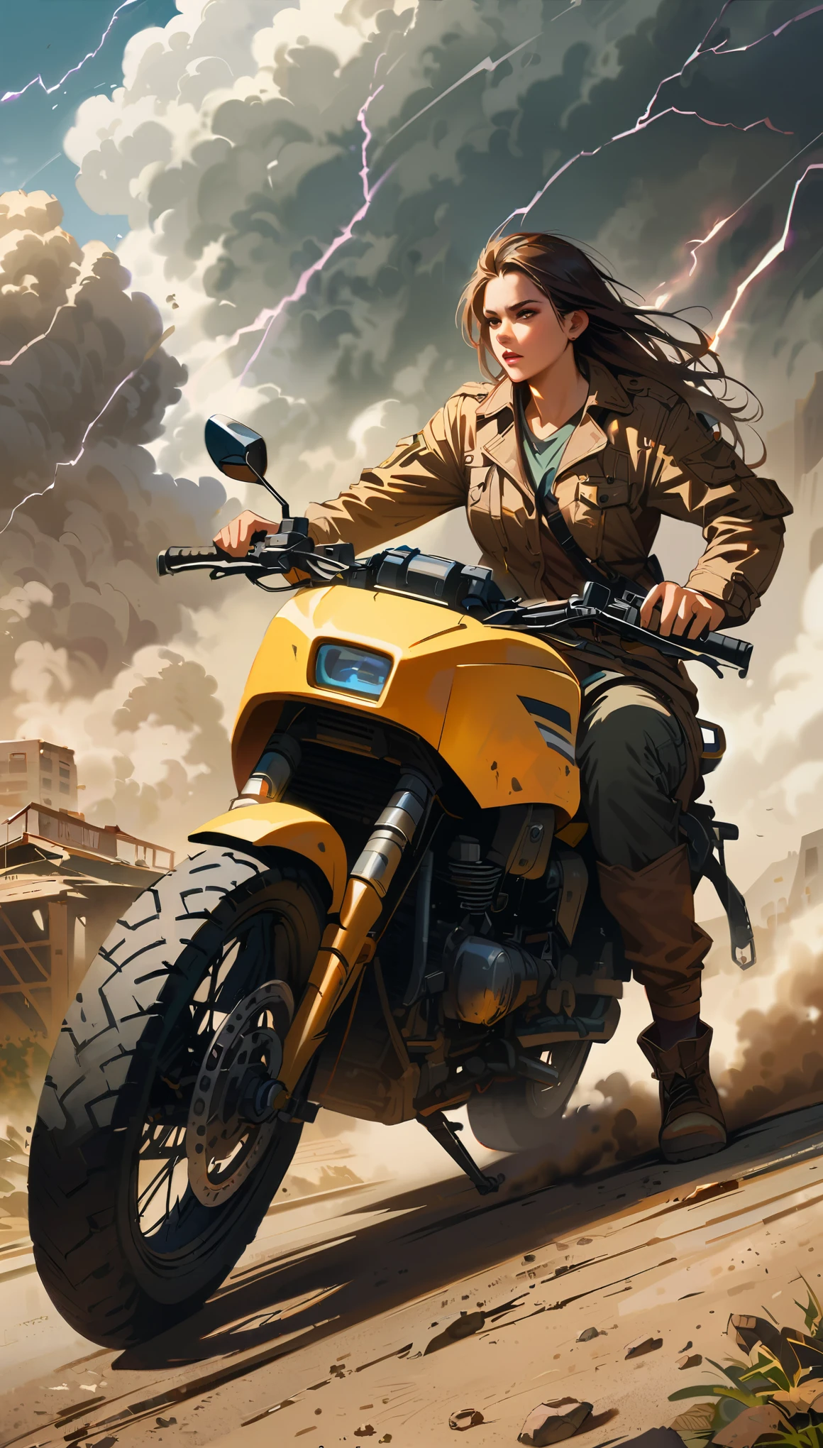 post-apocalyptic wasteland. 1girl, A woman rides a motorcycle fast. She is dressed modern but in old, worn and damaged clothes. The motorcycle is of the ADV type, damaged and repaired from possible available parts. It has extra tube guards. A woman flees a massive sandstorm. Huge flashes of lightning can be seen in the storm in the distance. big storm with acid rain, colorfull lightnings, strong wind, best quality, realistic, full body, intricate details, depth of field, day, cloudy, 8k uhd, film grain