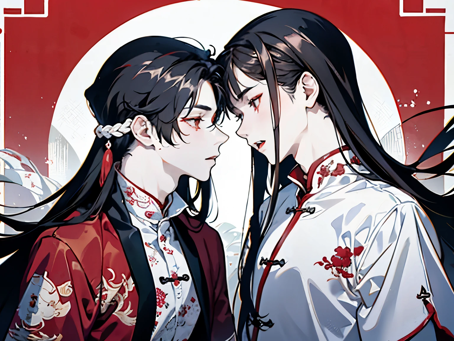 White and red clothes,(Two boys around 18 years old:1.5),Ancient Chinese style war god clothing,They are staring at each other,(kiss),(long hair:1.5)