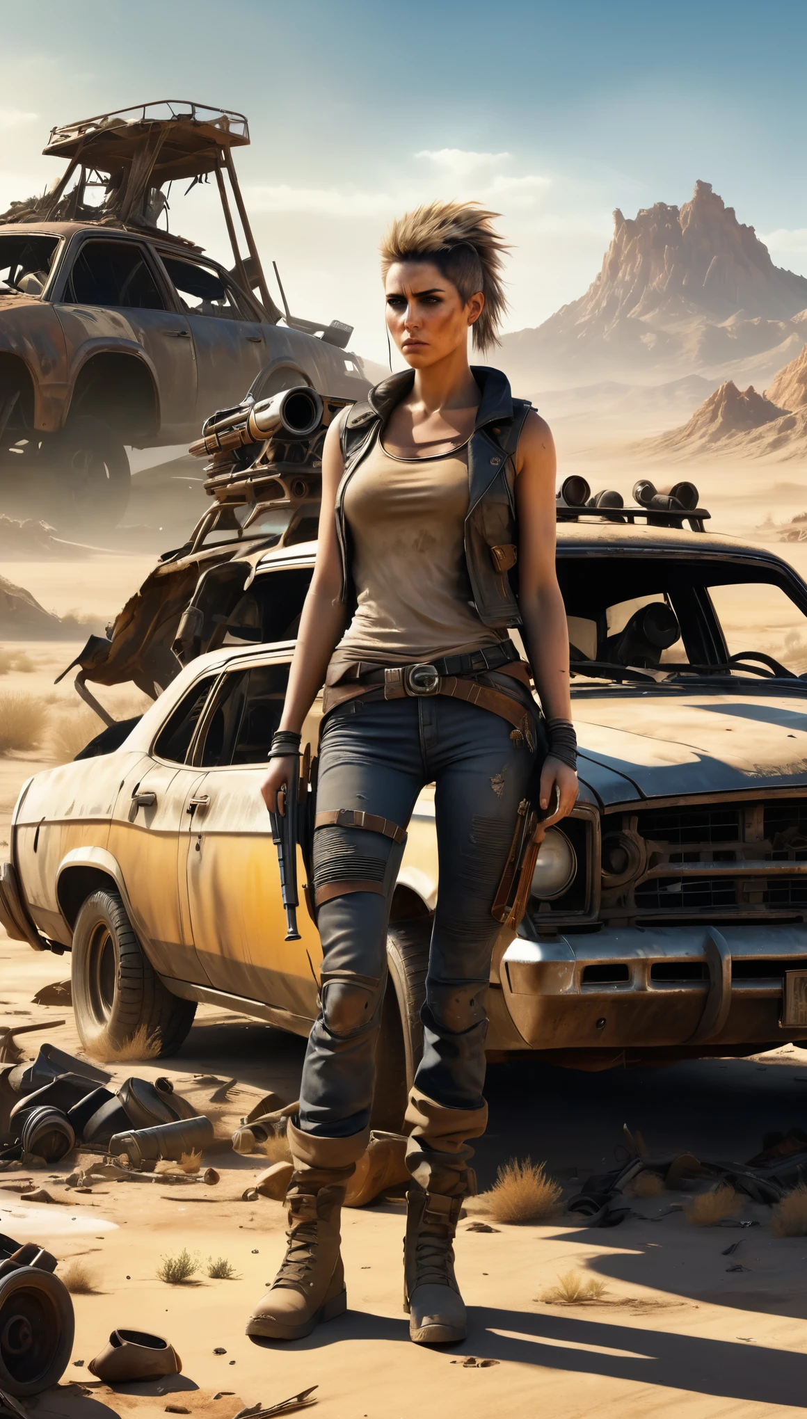 realistic, full-body, cinematic mode, dramatic, (Masterpieces), realistic face, realistic body shape. postapocalyptic world, desert landscape, small oasis, destroyed and abandoned cars. woman standing on the roof of a wrecked car and shoots wild mutant animals with a rifle that attacked her. she has old dirty and torn jeans and a torn t-shirt. backpack lay on ground. mad max style, fallout style, 