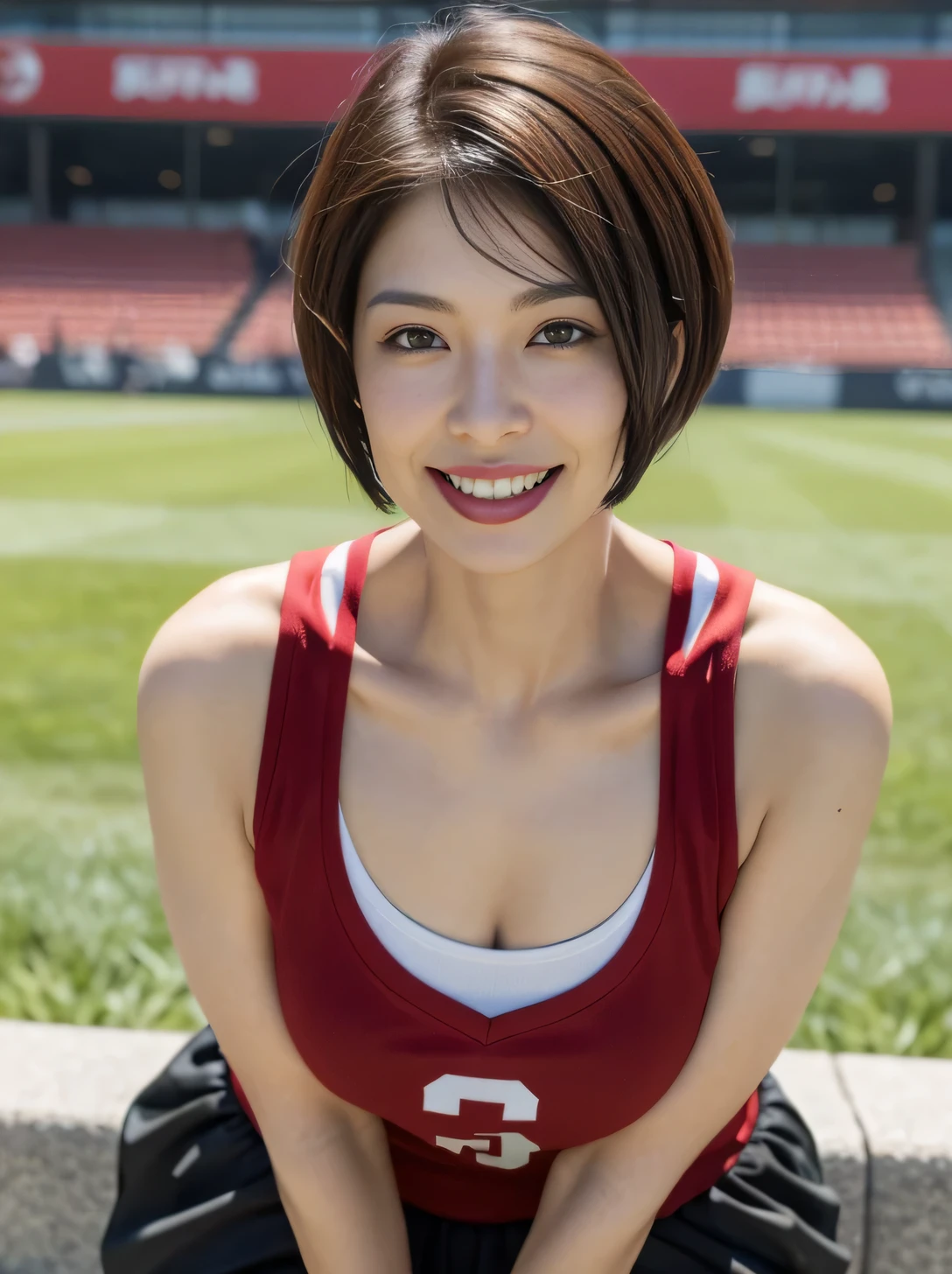 One Mature Woman、38 years old、Japanese,Looking at the audience,(Wear a football uniform）、（With uniform number）、（Wearing a West Ham United shirt)、(Standing on the grounds of a soccer field), Shining Face,Shiny skin,Shortcuts,Black Hair,Red Mouth,clavicle,Beautiful fingers,Full body portrait,  short hair, Bobcut, 8k, Super Detail, highest quality, Textured skin, Anatomically correct, masterpiece , highest quality, playground, Use perspective throughout , Surrealism , ,(Realistic:1. 3),(RAW Photos) , Black Hair, light smile, short hair, Bobcut, Anaglyph, Stereogram, (Mature Woman:1), (38 years old), ((close:0.5)), Glare, double eyelid, Lip gloss, (smile:1), ((close your eyes:0.85)), Red Mouth, clavicle, ((View your viewers)), (short hair of reddish-brown color wet and shiny,), (The whole body is visible) , Slightly thick body type , Wide-eyed , Perfect round eyes , Fine texture 、（Beautiful teeth alignment）、（smile：1.3）,Japanese,large chest chest,Big Ass