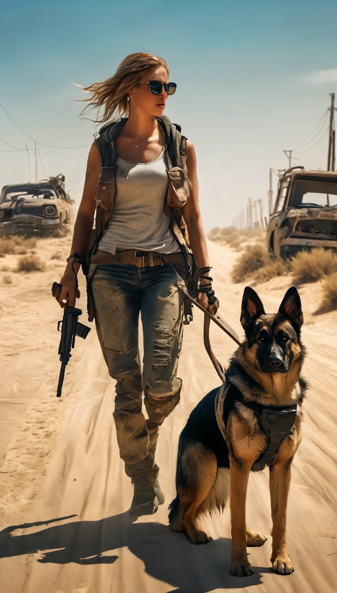 A picture, (masterpiece), best quality, realistic, full body portrait,  enhanced details, depth of field, post-apocalyptic wasteland (desert road, (sand), (dunes), (wrecked cars)), woman and dog (german shepard), dressed in modern style with old worn clothes, baseball cap and hoodie, dirty clothes, dark sunglasses, noon, very hot, A woman walks along the road, passing dilapidated and abandoned cars. She has a rifle slung over her shoulder and a backpack on her back. A dog walks calmly beside her. some sunburned plants, lots of details,real face, real silhouette, RAW, 8k, hdr, uhd, 